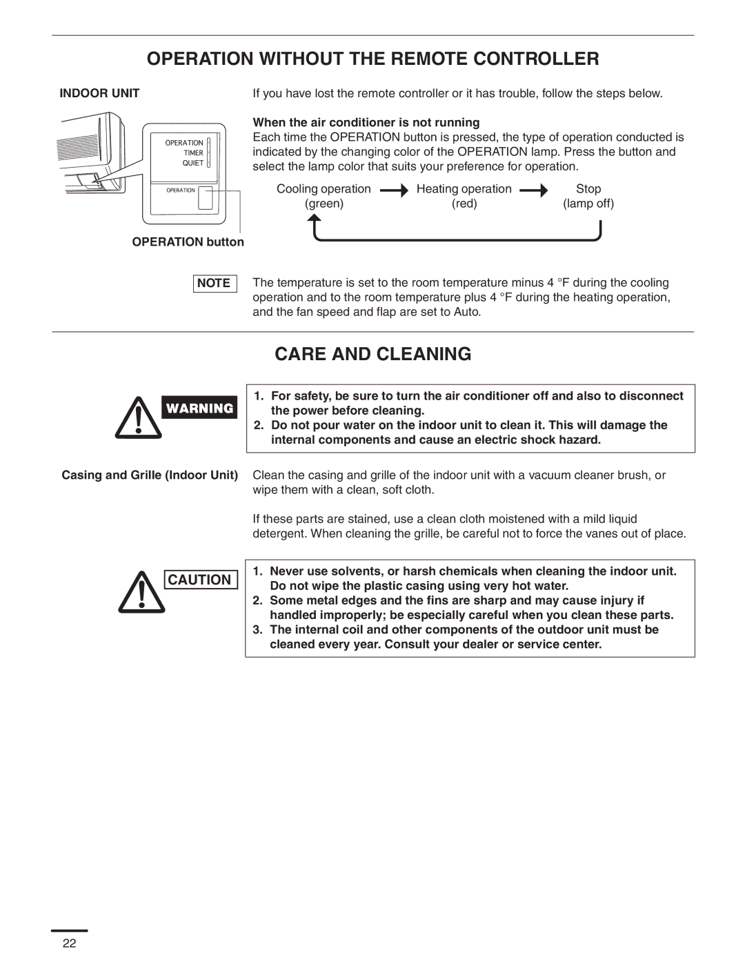 Panasonic CS-MKE7NKU Operation Without the Remote Controller, Care and Cleaning, When the air conditioner is not running 