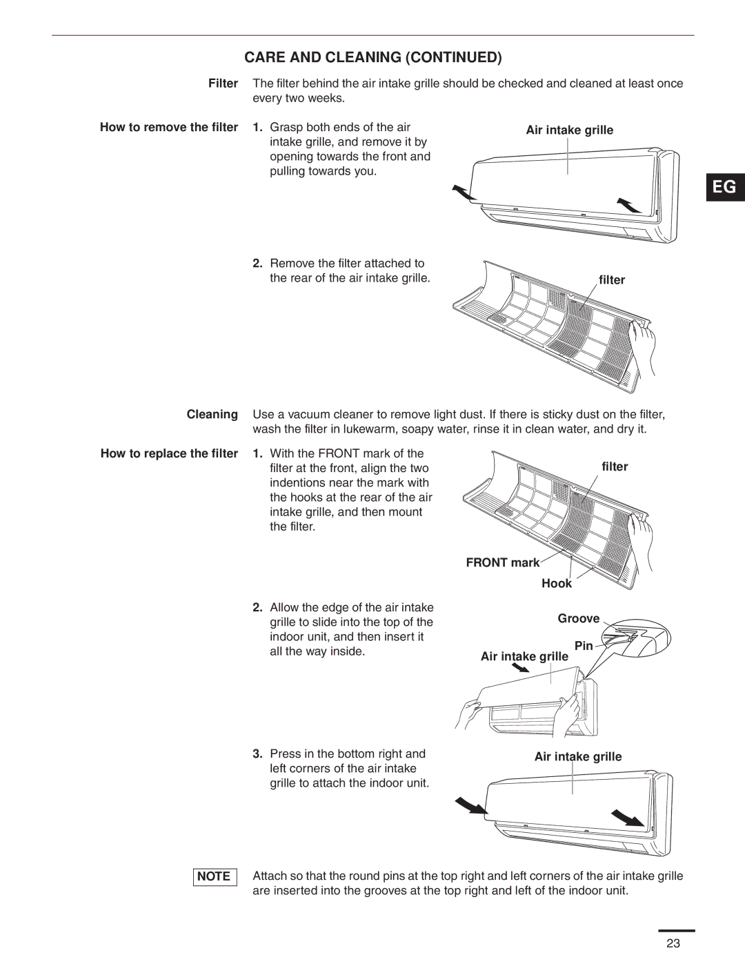 Panasonic CS-MKE18NKU, CS-MKE9NKU How to remove the filter 1. Grasp both ends of the air, Groove Pin Air intake grille 