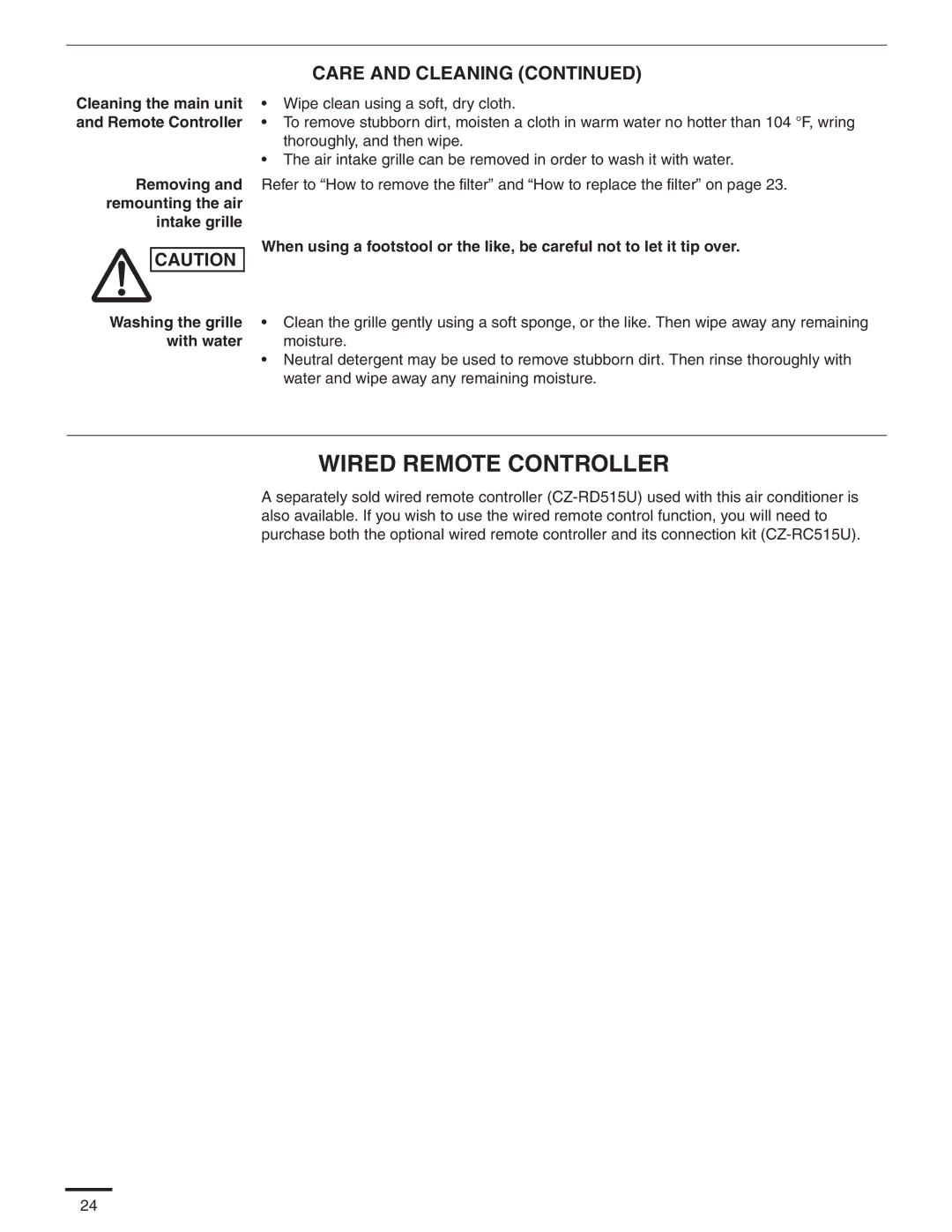 Panasonic CS-MKE12NKU, CS-MKE9NKU, CS-MKE7NKU Wired Remote Controller, Removing and remounting the air intake grille 