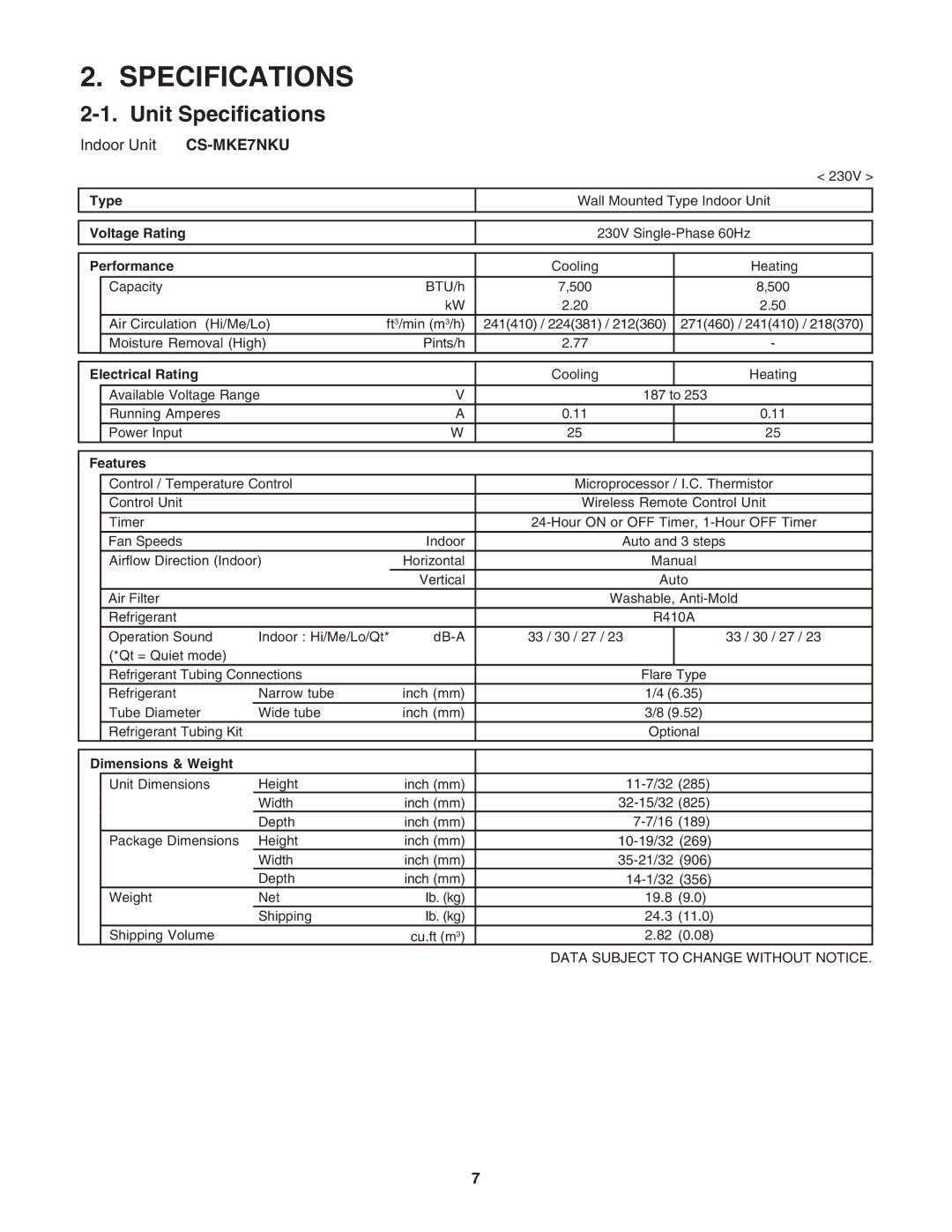 Panasonic CS-MKE18NKU, CS-MKE9NKU, CS-MKE12NKU, CS-MKE24NKU service manual Unit Specifications, Indoor Unit, CS-MKE7NKU 