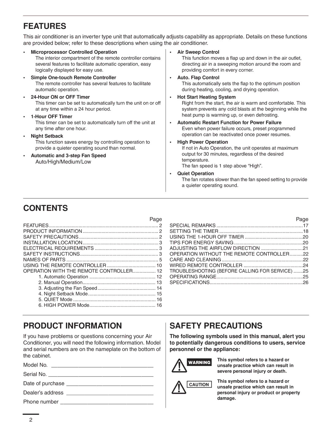 Panasonic CS-MKE24NKU, CS-MKE9NKU, CS-MKE7NKU Auto/High/Medium/Low, Automatic Restart Function for Power Failure 