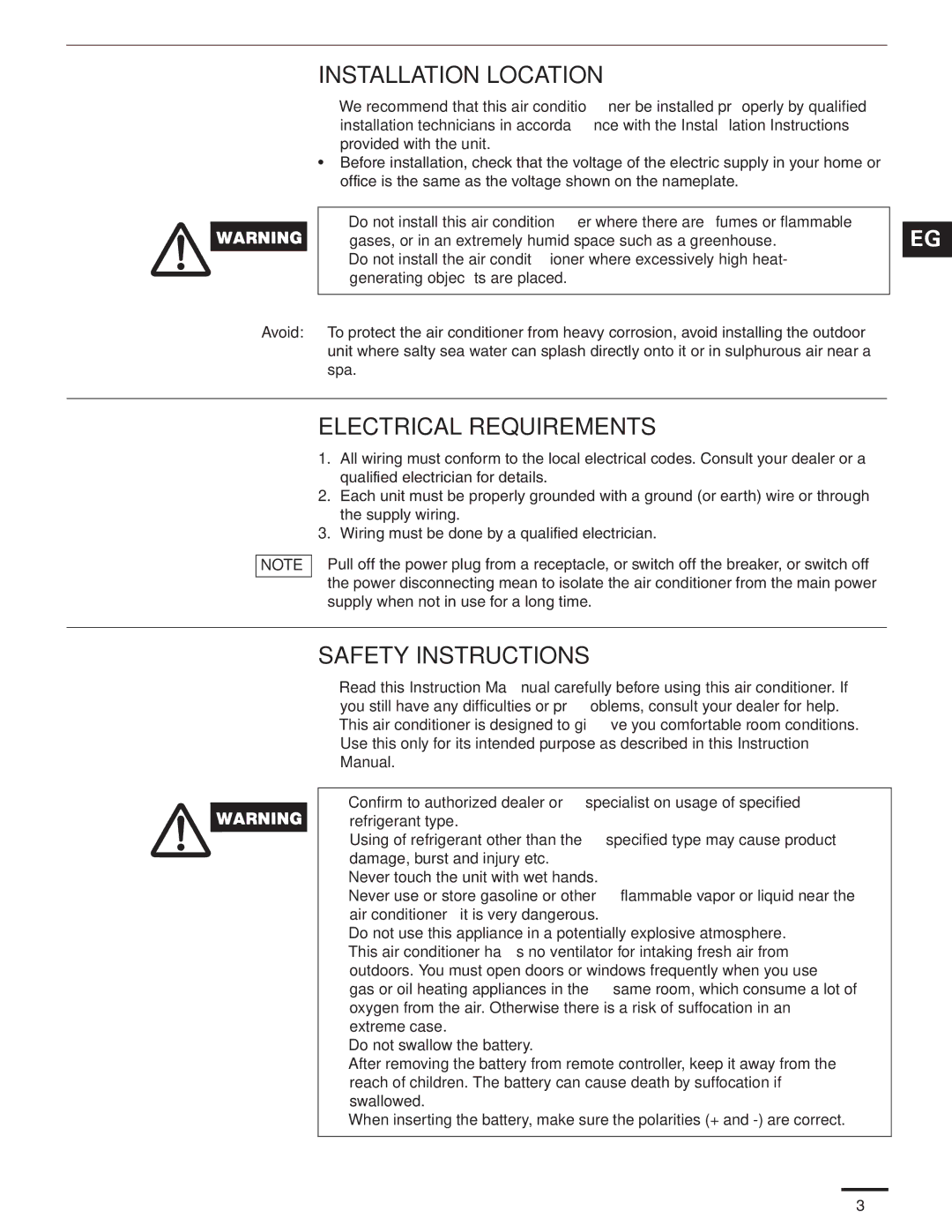 Panasonic CS-MKE9NKU, CS-MKE7NKU, CS-MKE18NKU, CS-MKE12NKU, CS-MKE24NKU service manual Installation Location 