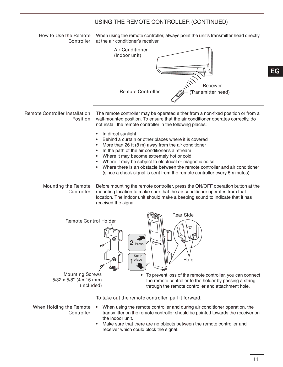 Panasonic CS-MKE12NKU, CS-MKE9NKU Rear Side Remote Control Holder, Hole Mounting Screws 5/32 x 5/8 4 x 16 mm Included 