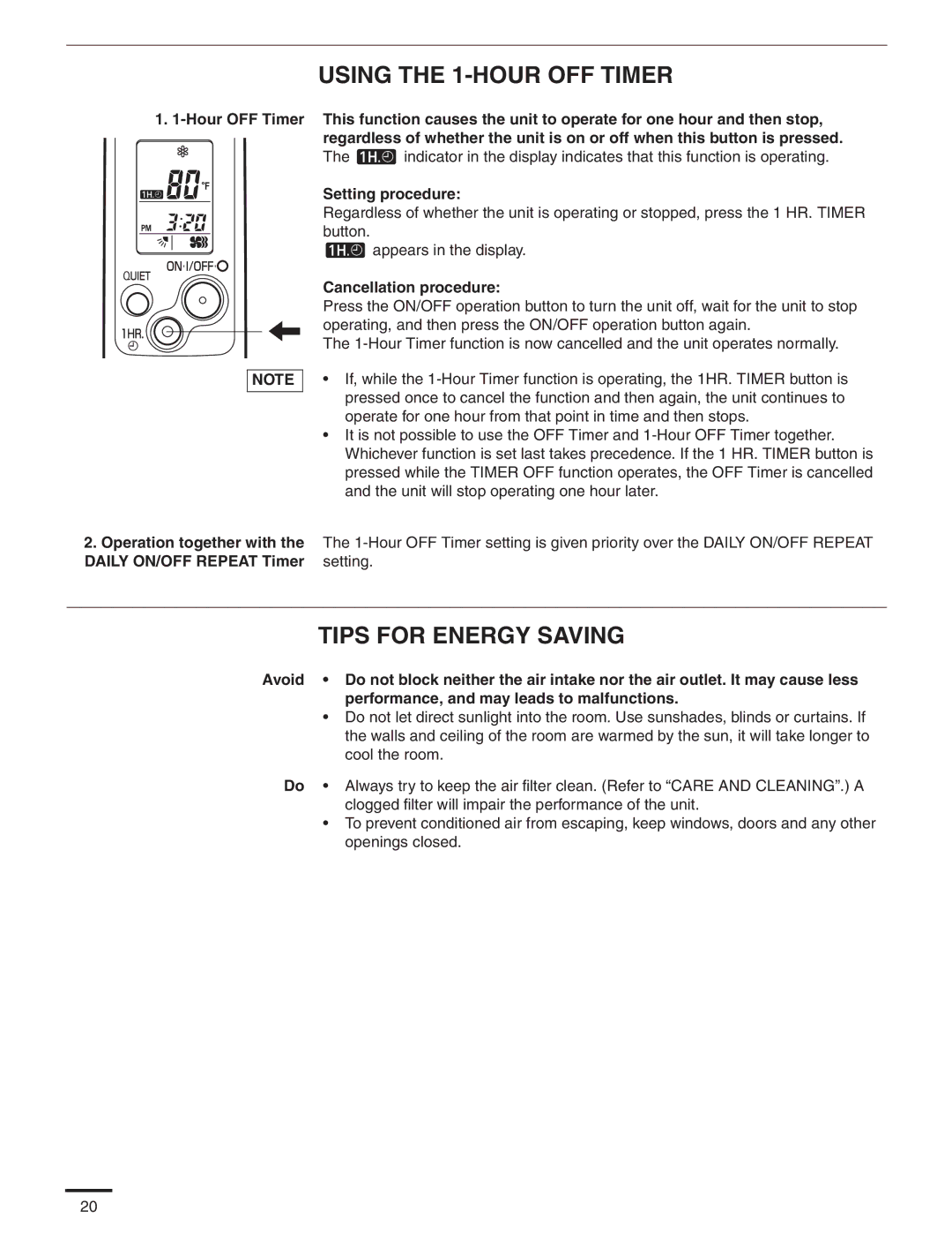 Panasonic CS-MKE18NKU, CS-MKE9NKU, CS-MKE7NKU, CS-MKE12NKU, CS-MKE24NKU service manual Using the 1-HOUR OFF Timer 