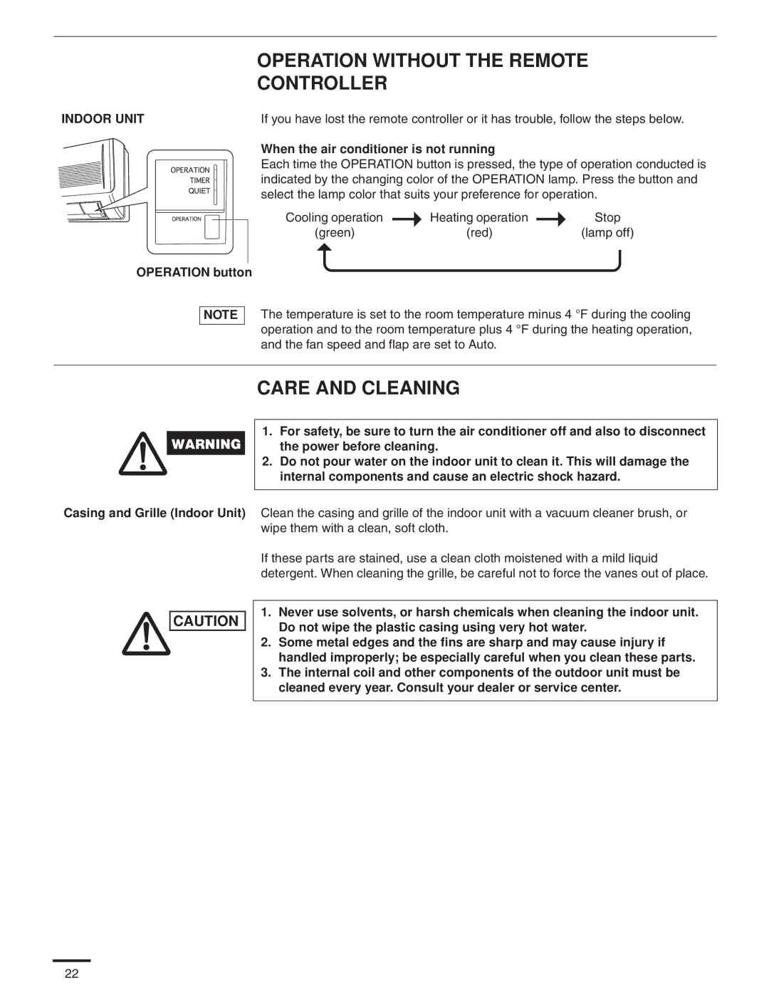 Panasonic CS-MKE24NKU, CS-MKE9NKU, CS-MKE7NKU, CS-MKE18NKU, CS-MKE12NKU service manual Operation Without the Remote Controller 