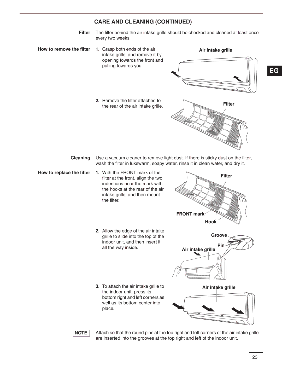 Panasonic CS-MKE9NKU, CS-MKE7NKU How to remove the filter 1. Grasp both ends of the air, Rear of the air intake grille 