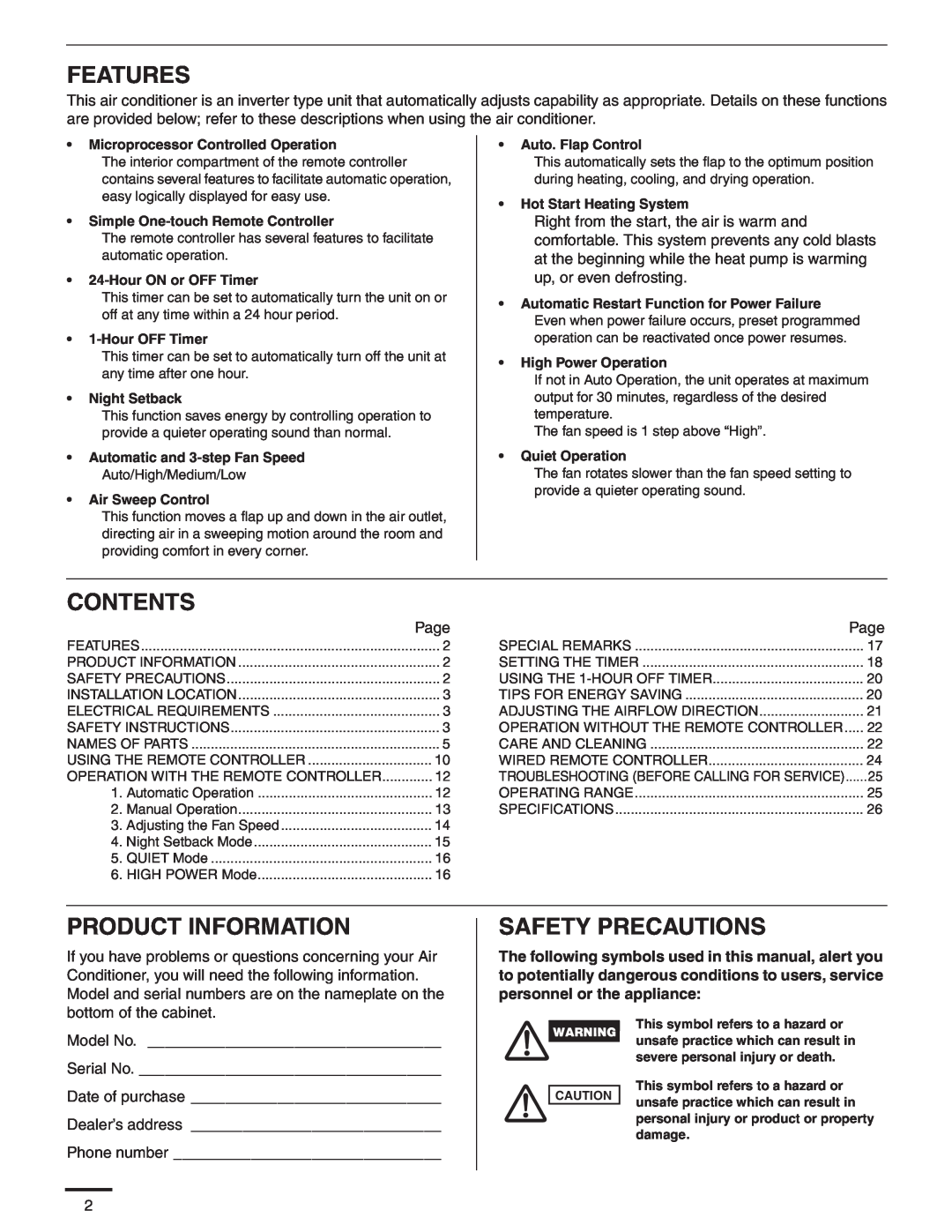 Panasonic CS-MKE7NKU, CS-MKE9NKU, CS-MKE18NKU, CS-MKE12NKU Features, Contents, Product Information, Safety Precautions 
