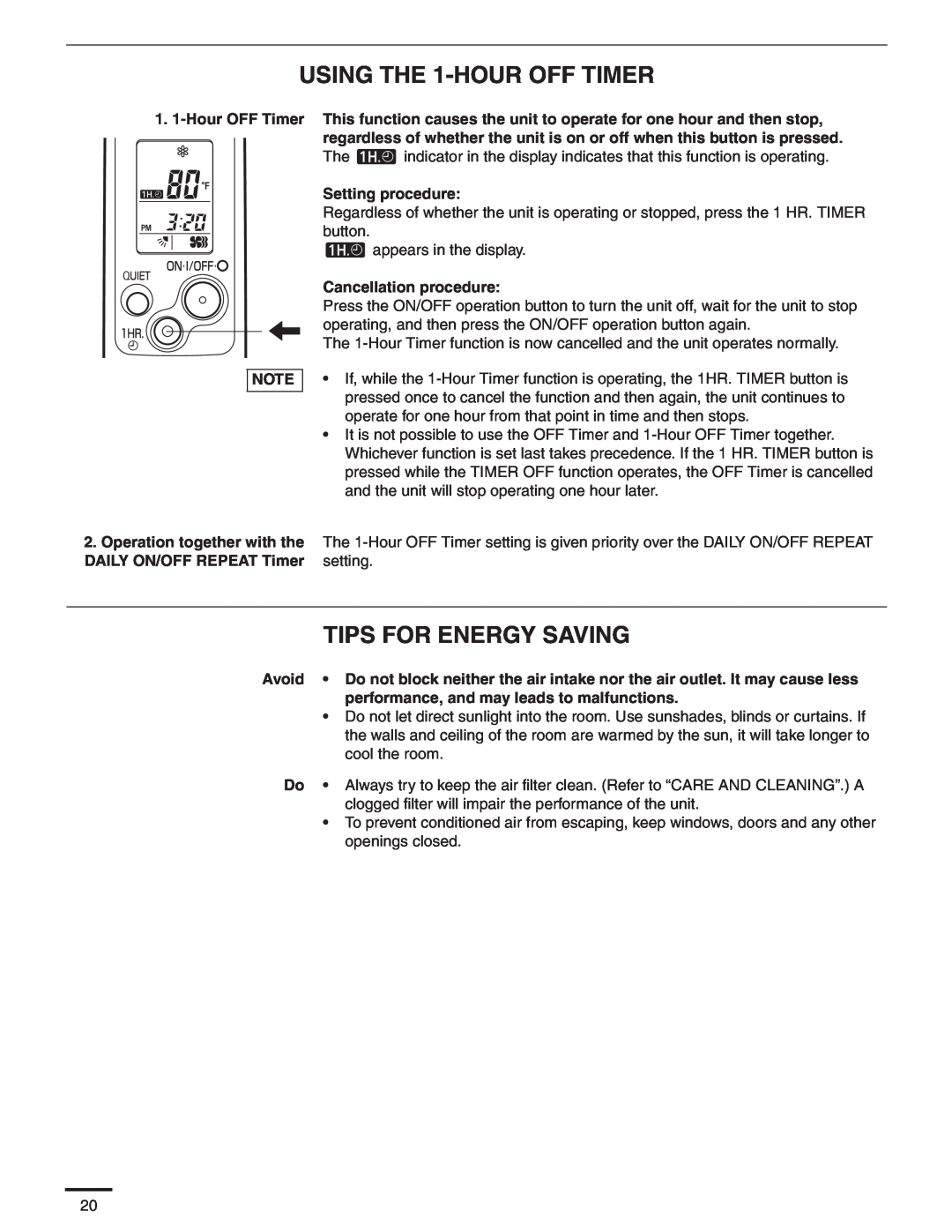 Panasonic CS-MKE24NKU USING THE 1-HOUR OFF TIMER, Tips For Energy Saving, Setting procedure, Cancellation procedure 