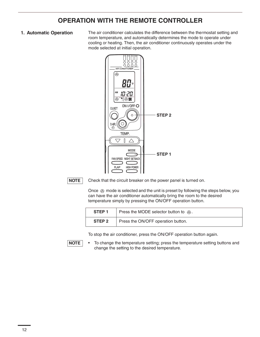 Panasonic CS-MKE7NKU appendix Operation with the Remote Controller, Automatic Operation, Press the ON/OFF operation button 