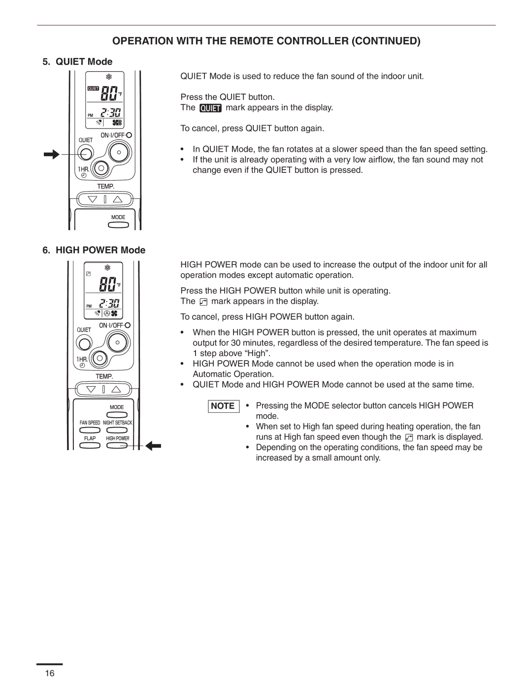 Panasonic CS-MKE12NKU, CS-MKE9NKU, CS-MKE7NKU, CU-4KE31NBU, CU-4KE24NBU, CU-3KE19NBU appendix Quiet Mode, High Power Mode 