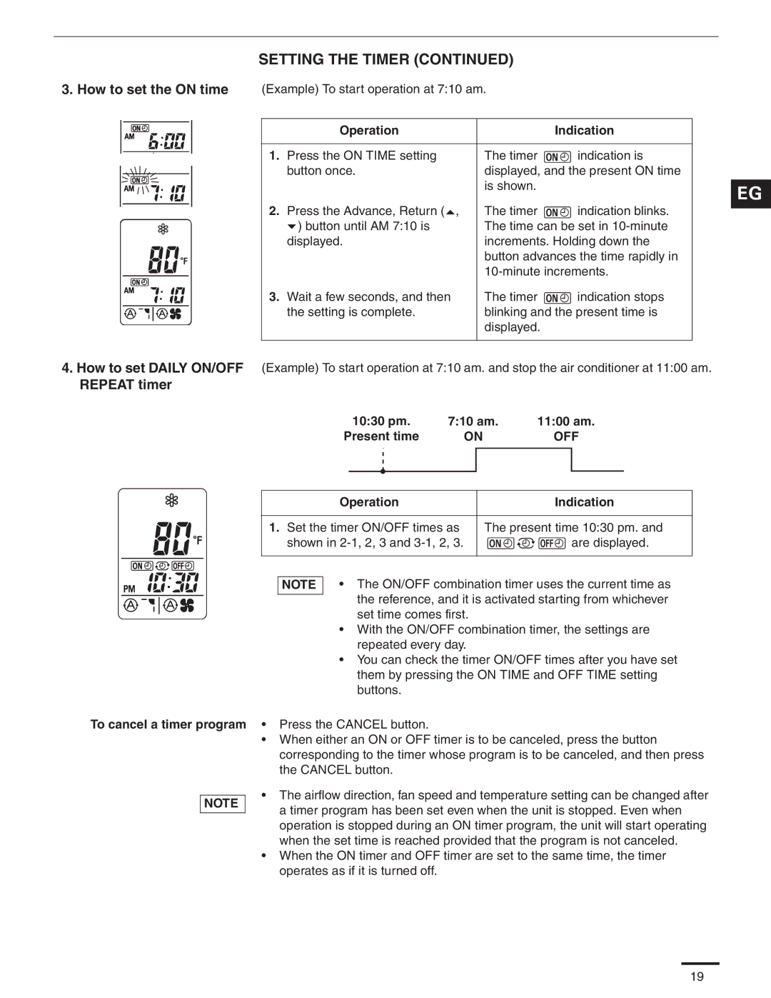 Panasonic CU-4KE31NBU Repeat timer, 1030 pm 710 am 1100 am Present time, To cancel a timer program Press the Cancel button 