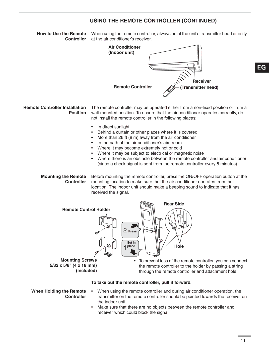 Panasonic CU-3KE19NBU, CS-MKE9NKU Rear Side Remote Control Holder, Hole Mounting Screws 5/32 x 5/8 4 x 16 mm Included 