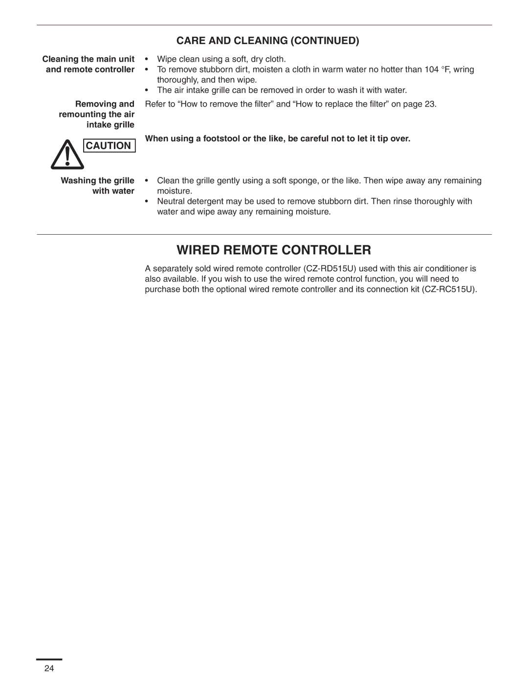 Panasonic CS-MKE12NKU, CS-MKE9NKU, CS-MKE7NKU, CU-4KE31NBU, CU-4KE24NBU, CU-3KE19NBU appendix Wired Remote Controller 