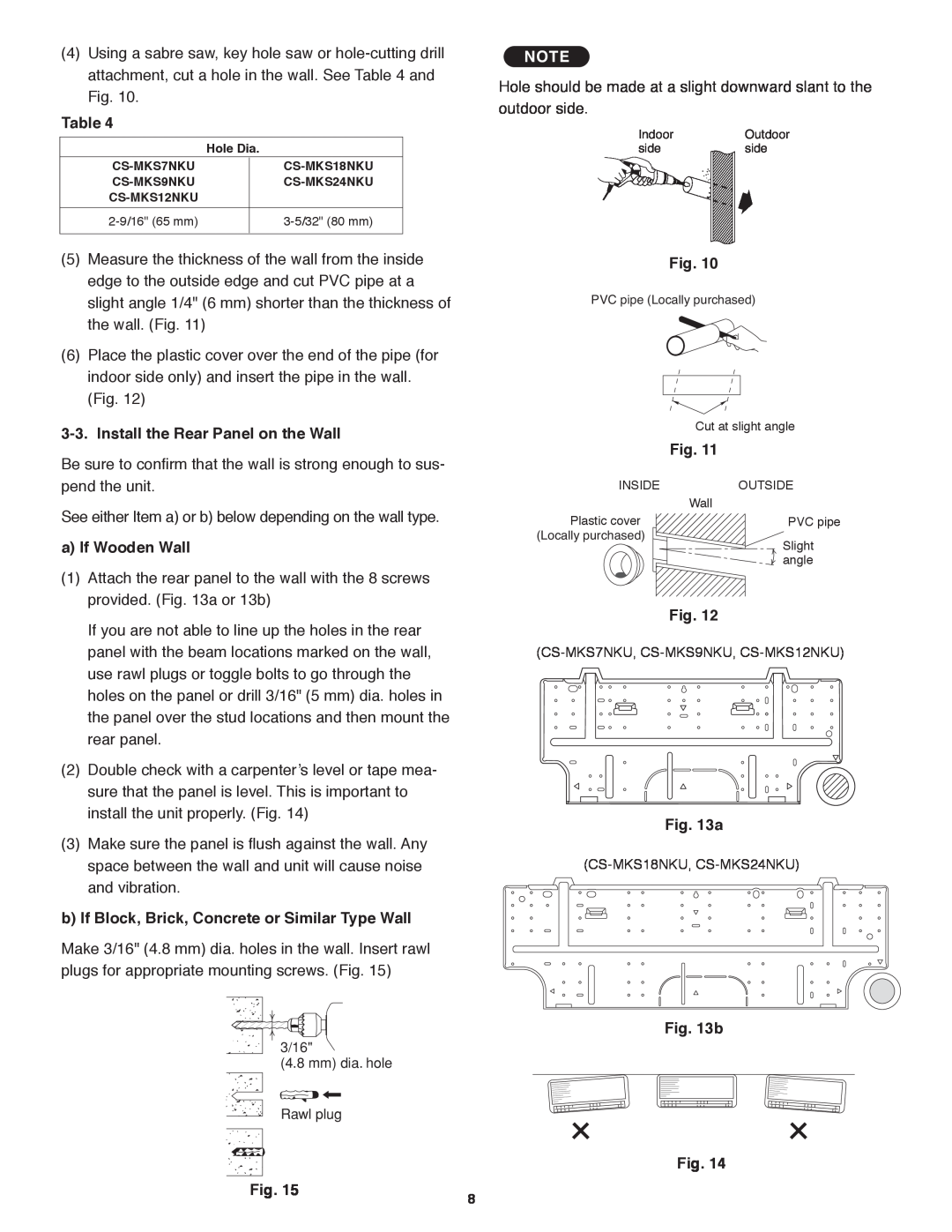 Panasonic CS-MKS18NKU, CS-MKS24NKU, CS-MKS9NKU service manual Install the Rear Panel on the Wall, a If Wooden Wall, b 