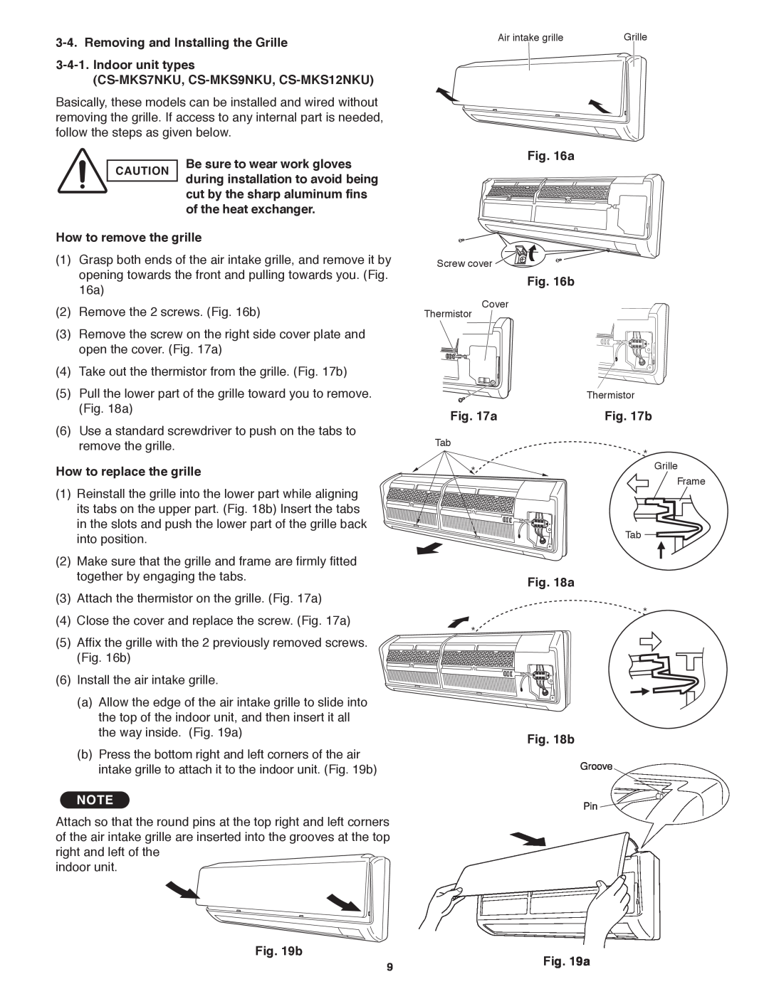 Panasonic CS-MKS24NKU, CS-MKS9NKU, CS-MKS18NKU service manual Removing and Installing the Grille 3-4-1. Indoor unit types 
