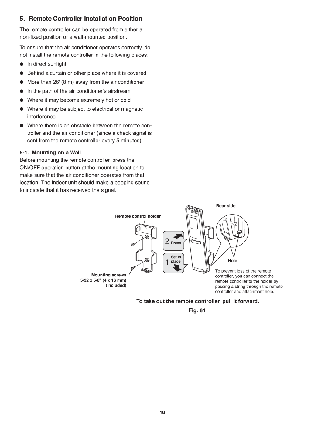 Panasonic CS-MKS24NKU, CS-MKS9NKU, CS-MKS18NKU service manual Remote Controller Installation Position 