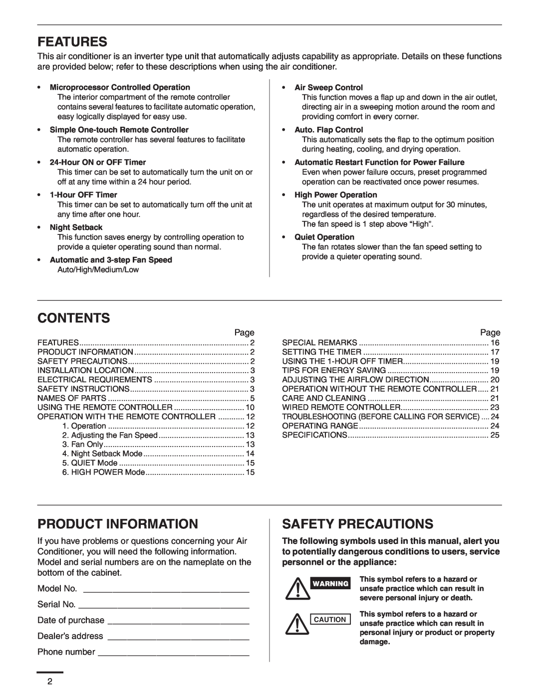 Panasonic CS-MKS9NKU Features, Contents, Product Information, Safety Precautions, Microprocessor Controlled Operation 