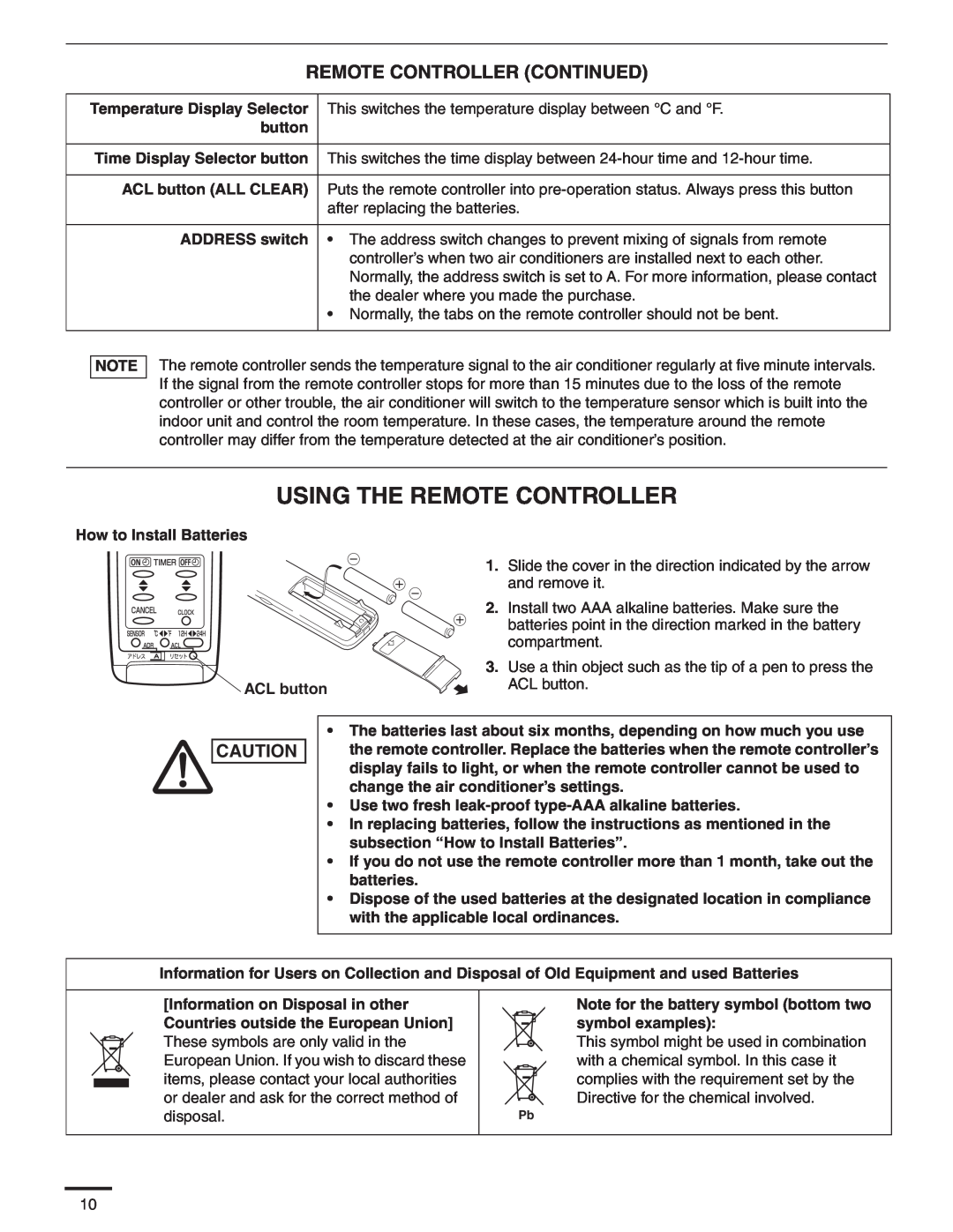 Panasonic CS-MKS24NKU, CS-MKS9NKU, CS-MKS18NKU service manual Using The Remote Controller, Remote Controller Continued 