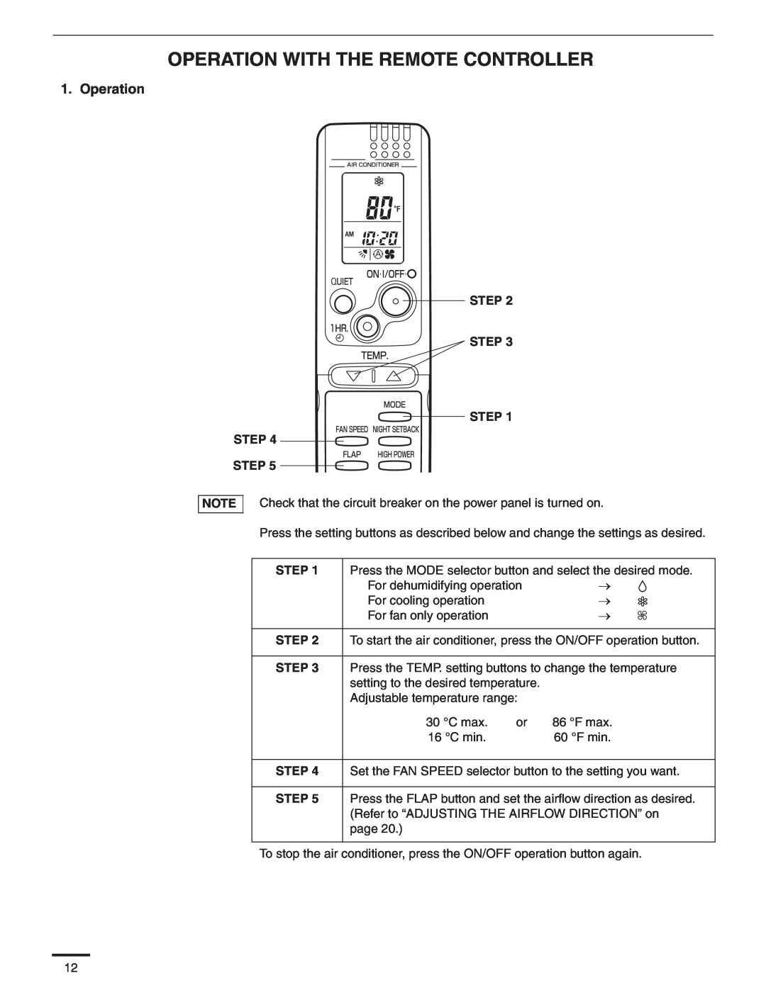 Panasonic CS-MKS18NKU, CS-MKS24NKU, CS-MKS9NKU service manual Operation With The Remote Controller 