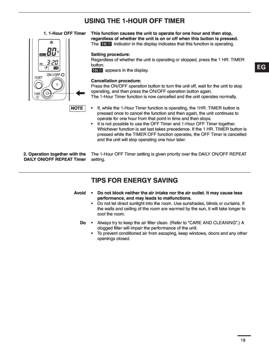 Panasonic CS-MKS24NKU USING THE 1-HOUR OFF TIMER, Tips For Energy Saving, Setting procedure, Cancellation procedure 