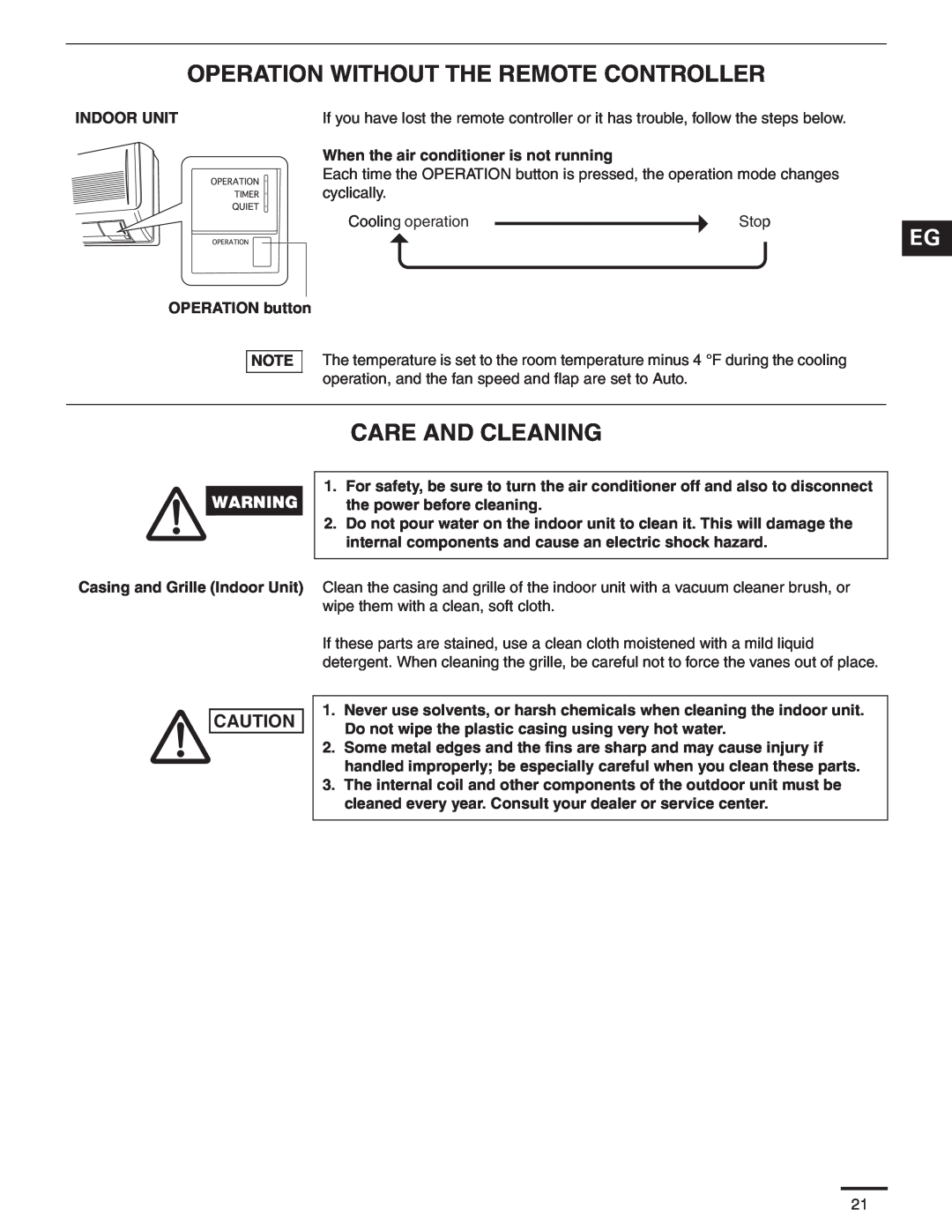 Panasonic CS-MKS18NKU, CS-MKS24NKU, CS-MKS9NKU service manual Operation Without The Remote Controller, Care And Cleaning 
