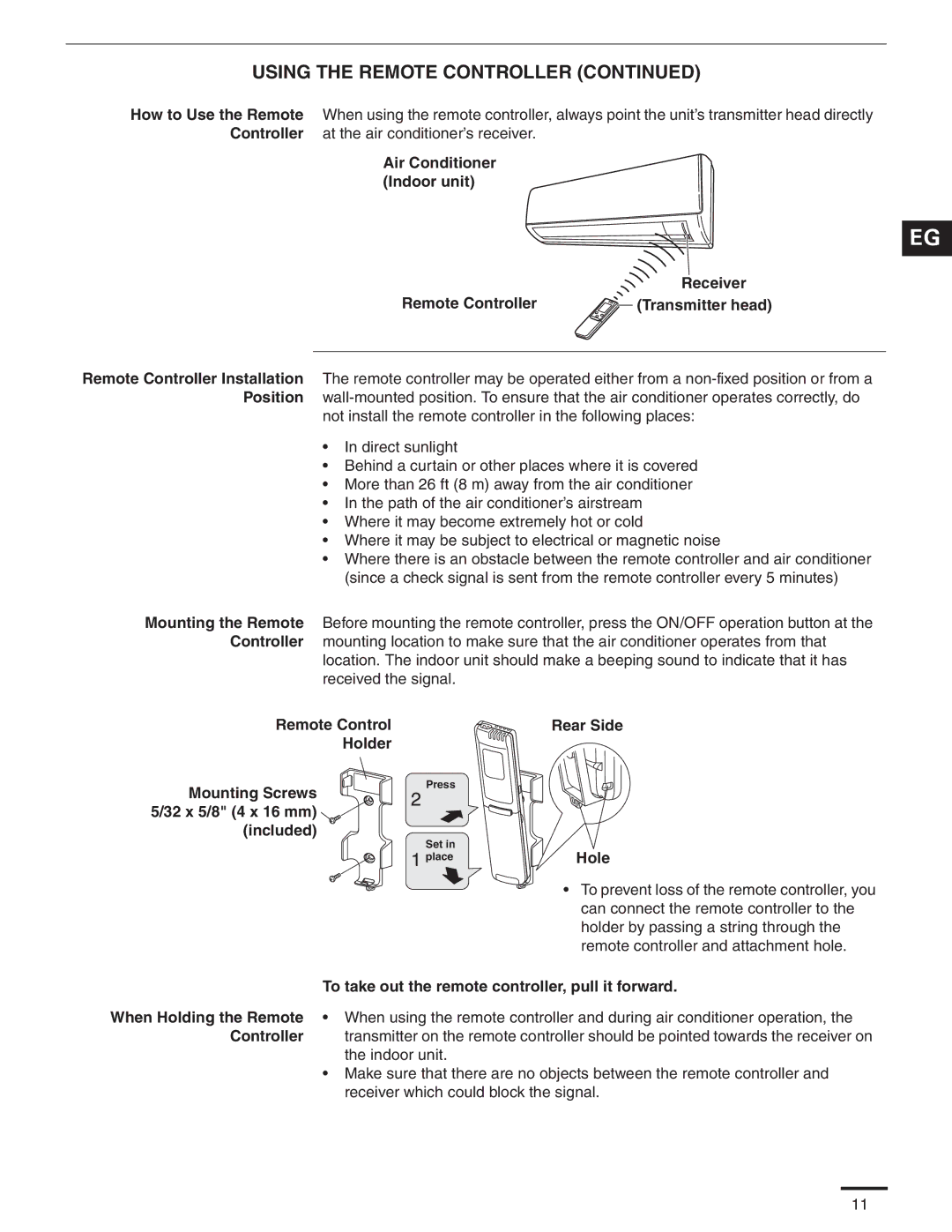 Panasonic CS-MKS9NKU, CS-MKS7NKU appendix Rear Side Hole, To take out the remote controller, pull it forward, Controller 