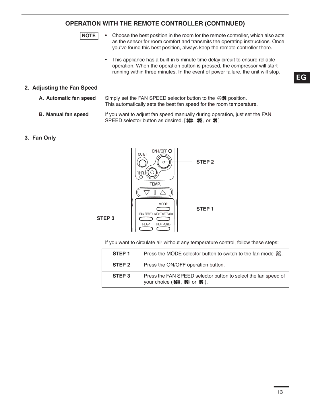 Panasonic CS-MKS12NKU, CS-MKS9NKU, CS-MKS7NKU appendix Adjusting the Fan Speed, Fan Only, Press the ON/OFF operation button 