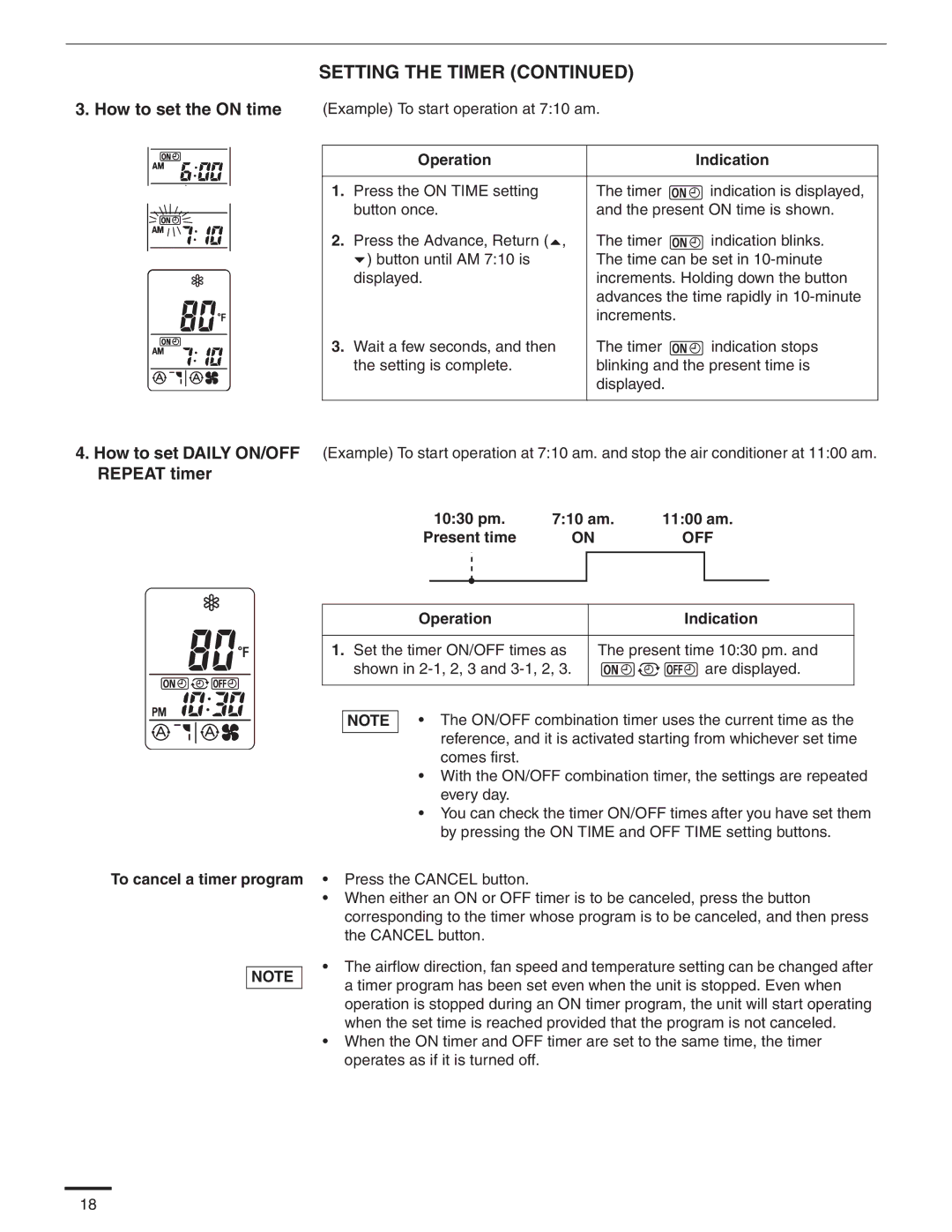 Panasonic CS-MKS7NKU Repeat timer, 1030 pm 710 am 1100 am Present time, To cancel a timer program Press the Cancel button 