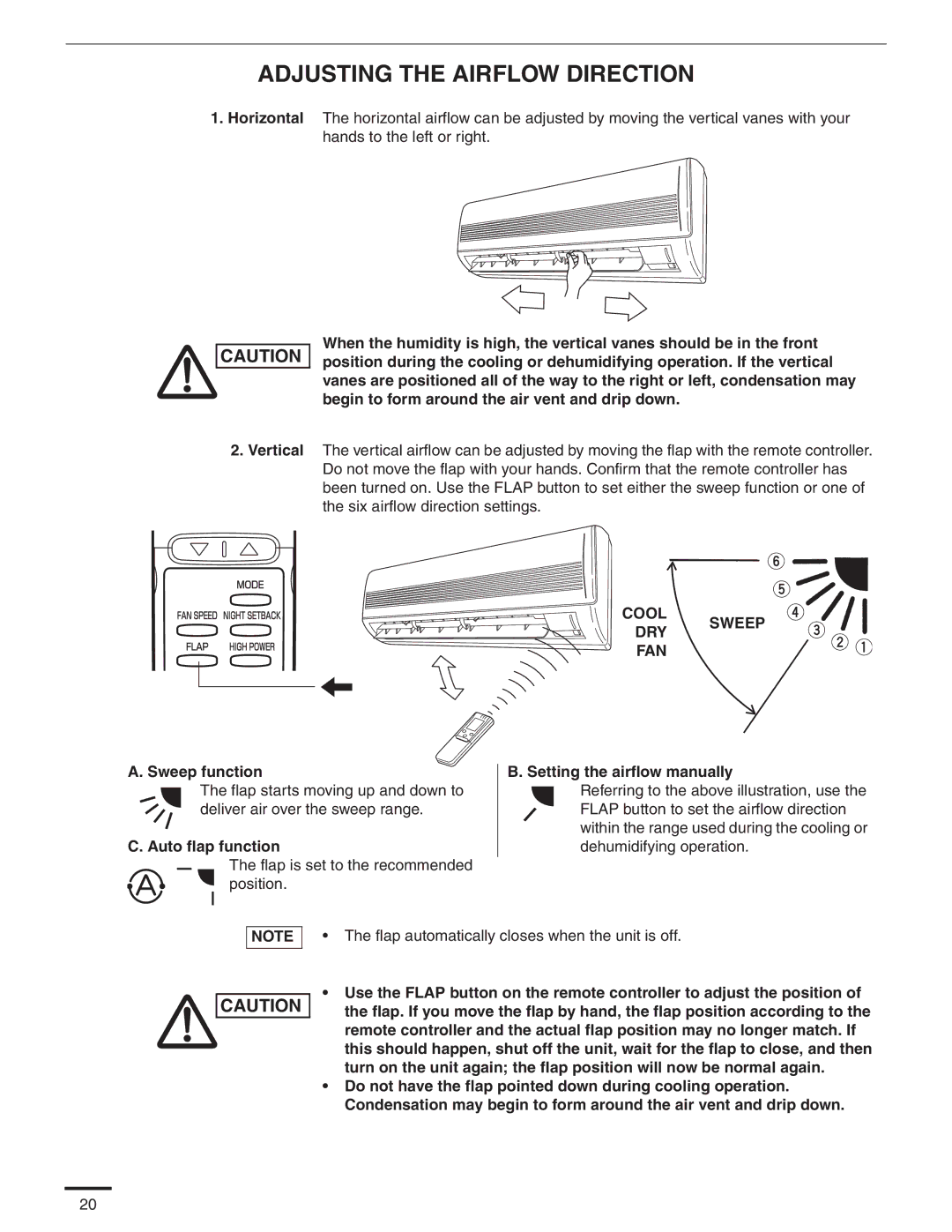 Panasonic CS-MKS9NKU, CS-MKS7NKU appendix Adjusting the Airflow Direction, Horizontal, Sweep function, Auto flap function 