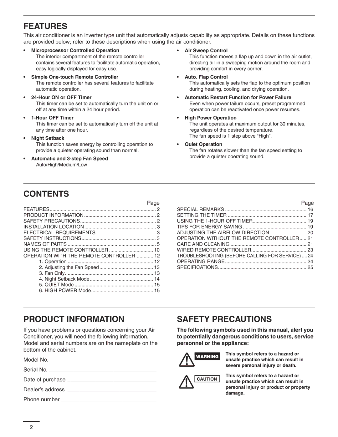 Panasonic CS-MKS12NKU, CS-MKS9NKU, CS-MKS7NKU appendix Features 