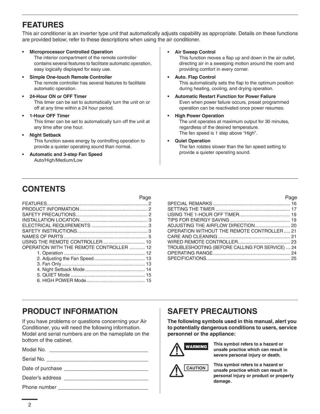 Panasonic CS-MKS9NKU, CS-MKS7NKU, CS-MKS12NKU appendix Features, Contents, Product Information, Safety Precautions 