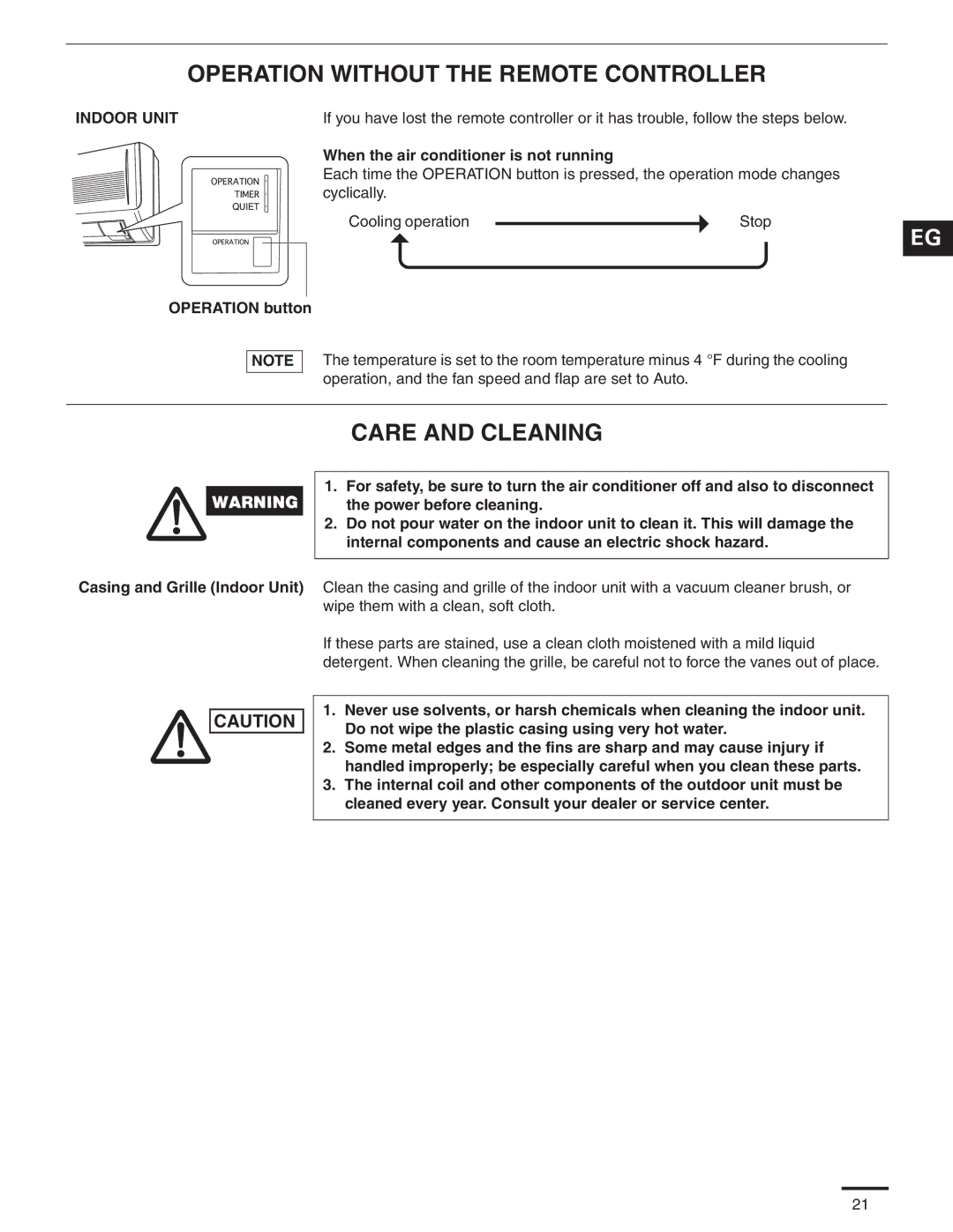 Panasonic CS-MKS9NKU, CS-MKS7NKU, CS-MKS12NKU appendix Operation Without the Remote Controller 