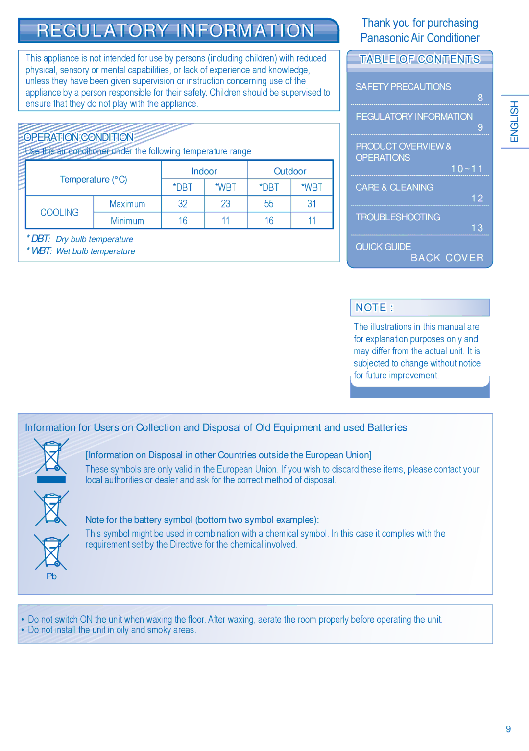 Panasonic CU-PC12JKF Regulatory Information, Operation Condition, English, Temperature C Indoor Outdoor, Table of Contents 