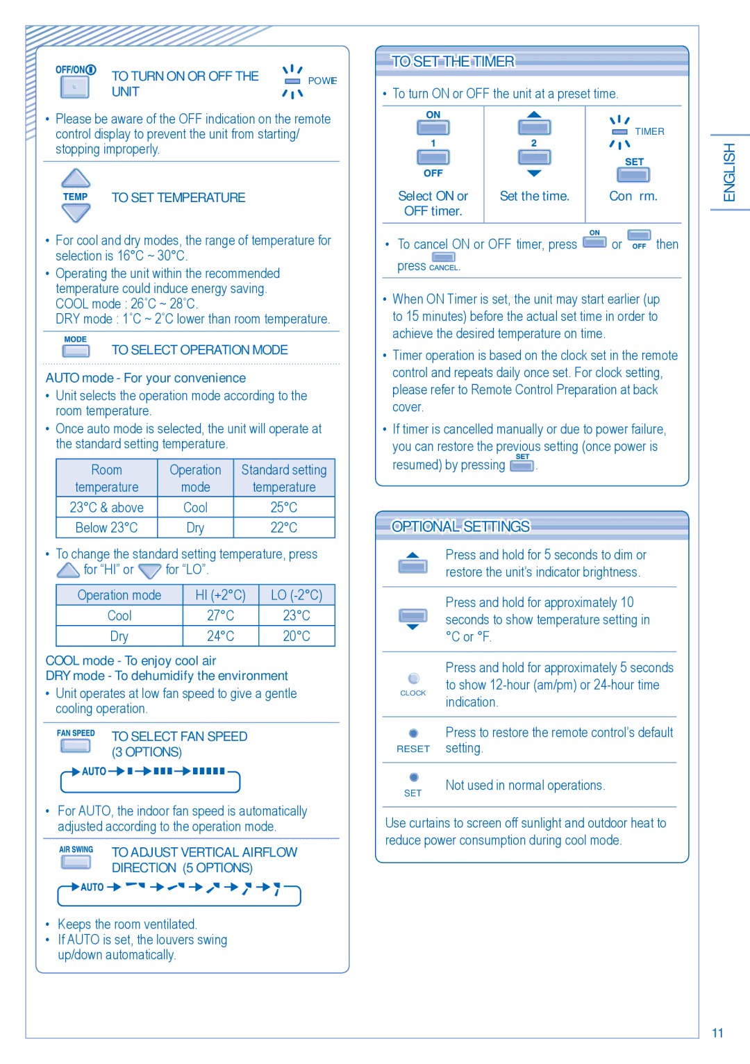 Panasonic CU-PC12JKF, CS-PC12JKF operating instructions To SET the Timer, Optional Settings English 