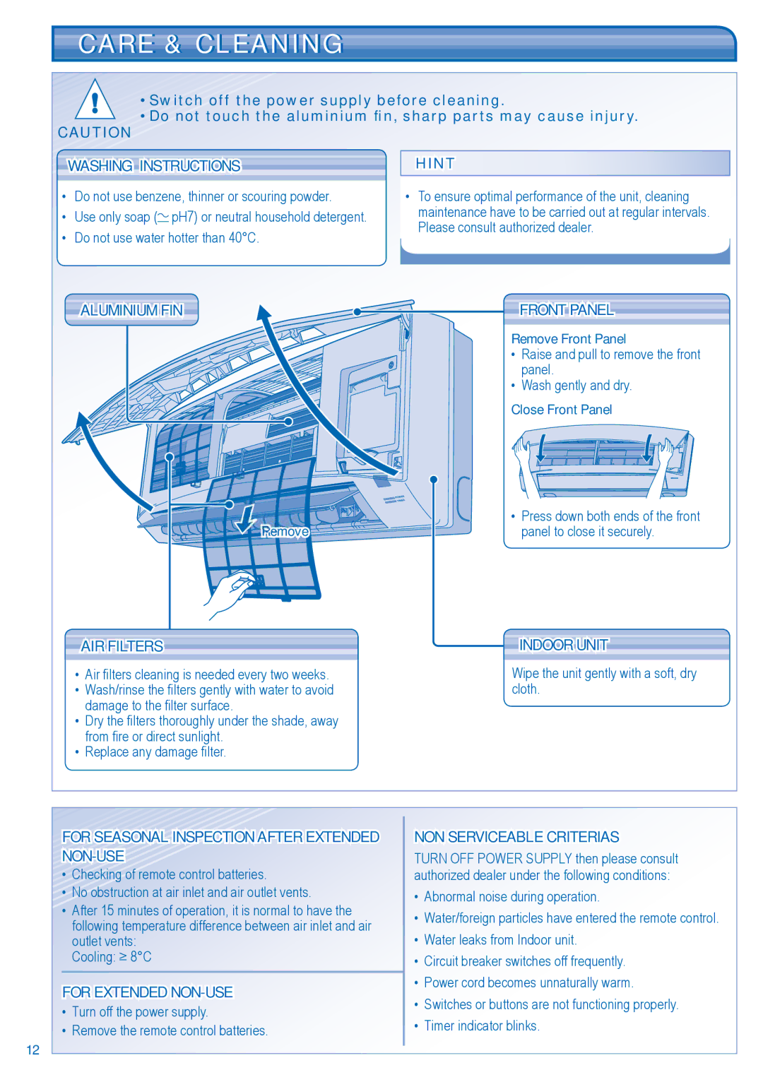 Panasonic CS-PC12JKF, CU-PC12JKF operating instructions Care & Cleaning 