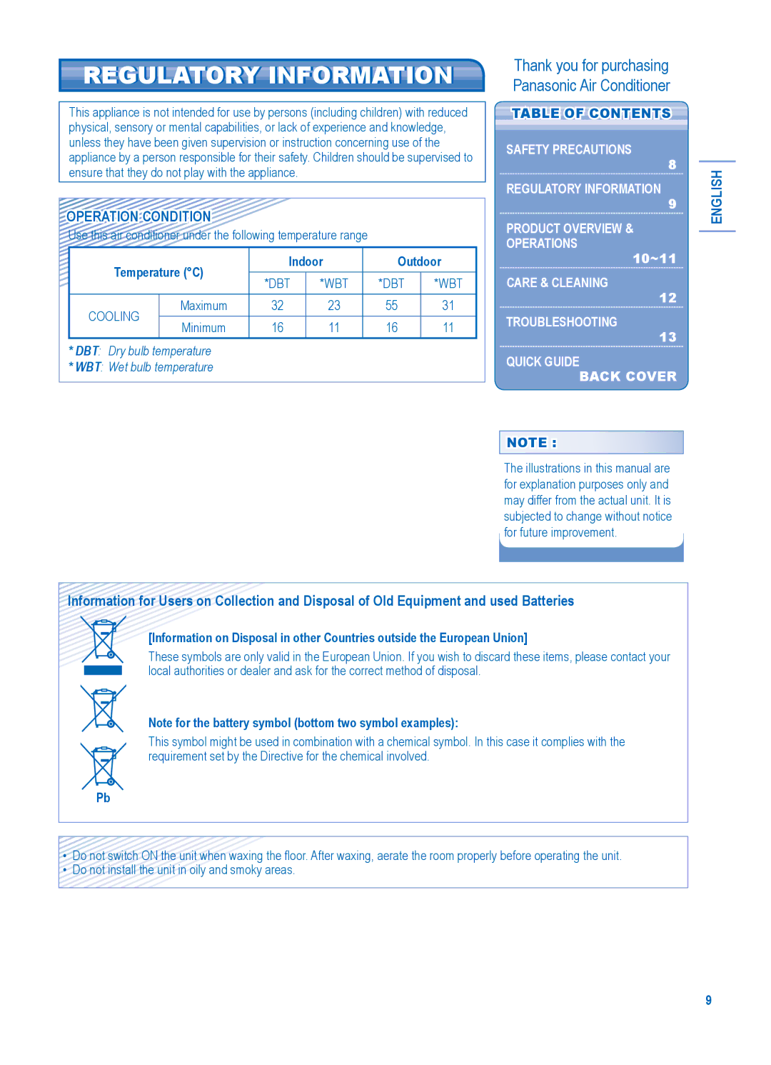 Panasonic CU-PC18JKF Regulatory Information, Operation Condition, English, Temperature C Indoor Outdoor, Table of Contents 