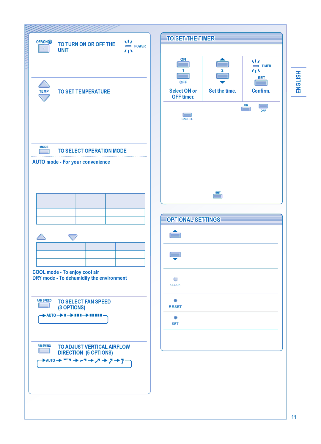 Panasonic CS-PC18JKF, CS-PC24JKF, CU-PC24JKF, CU-PC18JKF manual To SET the Timer, Optional Settings English 