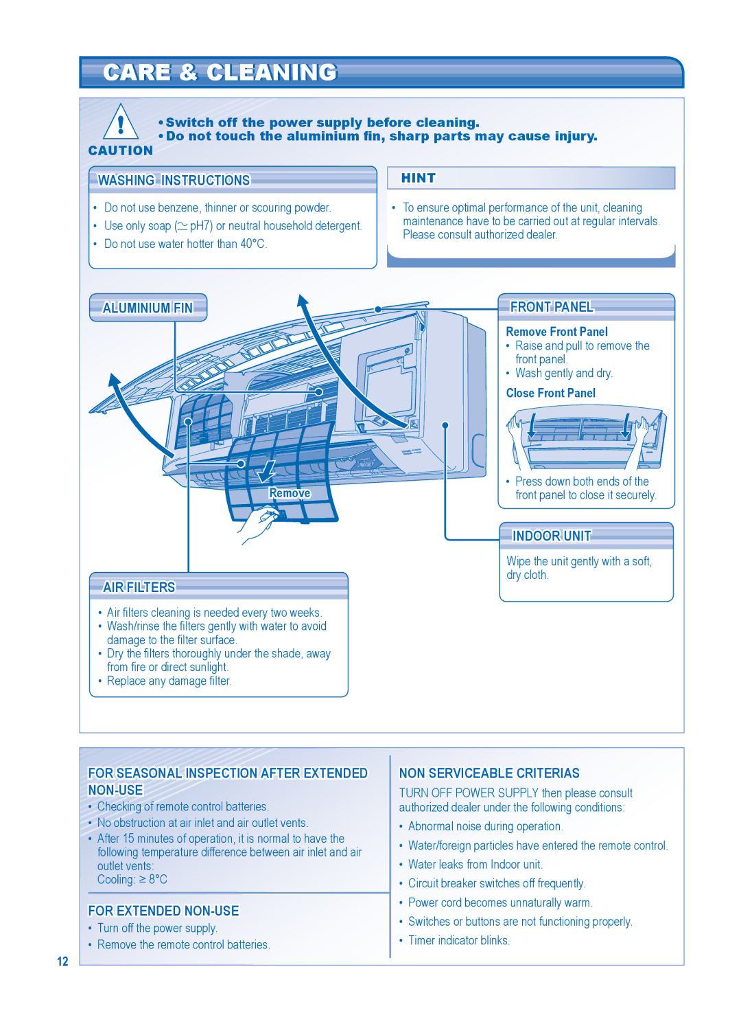 Panasonic CU-PC24JKF, CS-PC24JKF, CS-PC18JKF, CU-PC18JKF manual Care & Cleaning 