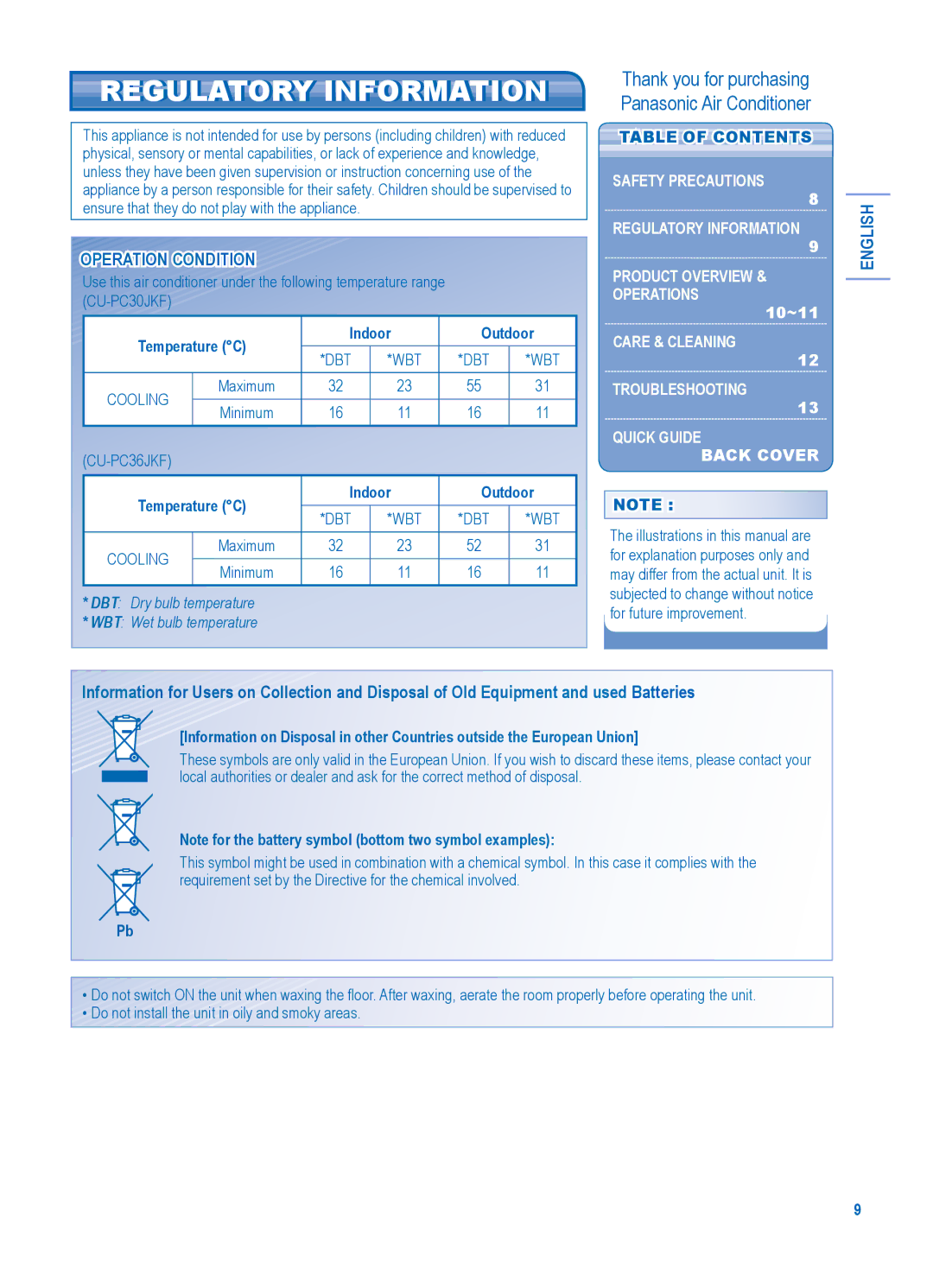 Panasonic CU-PC30JKF Regulatory Information, Operation Condition, English, Temperature C Indoor Outdoor, Table of Contents 