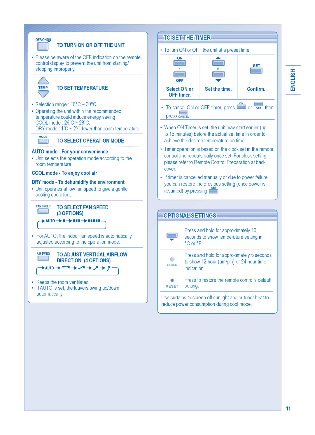 Panasonic CS-PC36JKF, CS-PC30JKF, CU-PC36JKF, CU-PC30JKF operating instructions To SET the Timer, Optional Settings English 