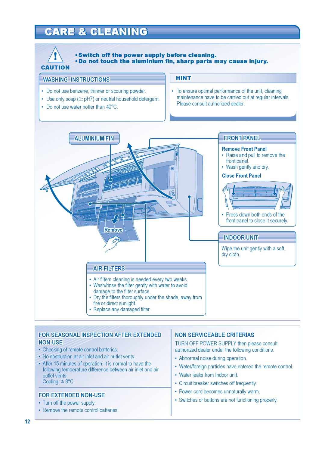 Panasonic CU-PC36JKF, CS-PC30JKF, CS-PC36JKF, CU-PC30JKF operating instructions Care & Cleaning 