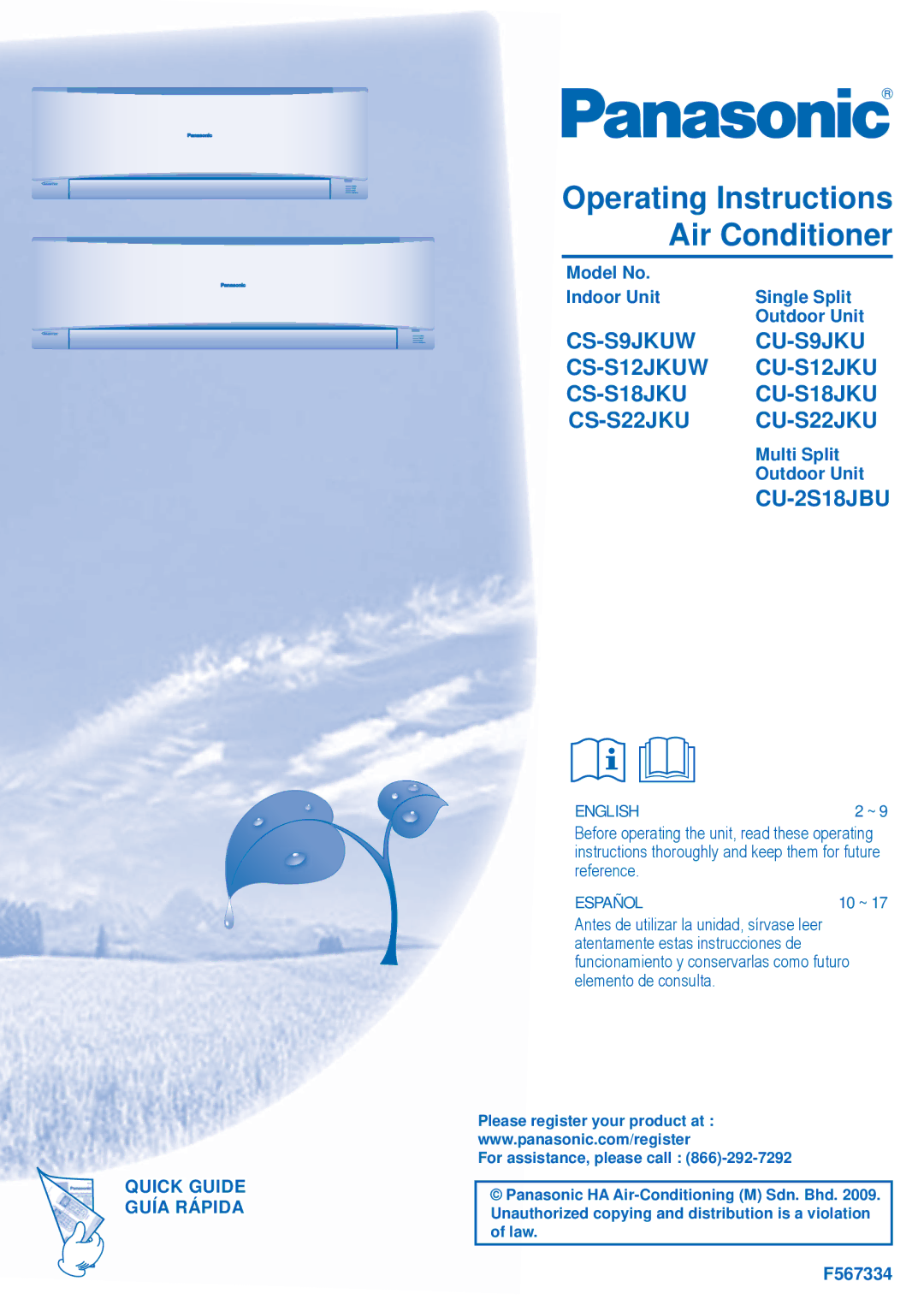 Panasonic CS-S18JKU, CS-S12JKUW, CS-S9JKUW, CSS-22JKU, CU-S9JKU, CU-S18JKU manual Quick Guide Guía Rápida, English, Español 