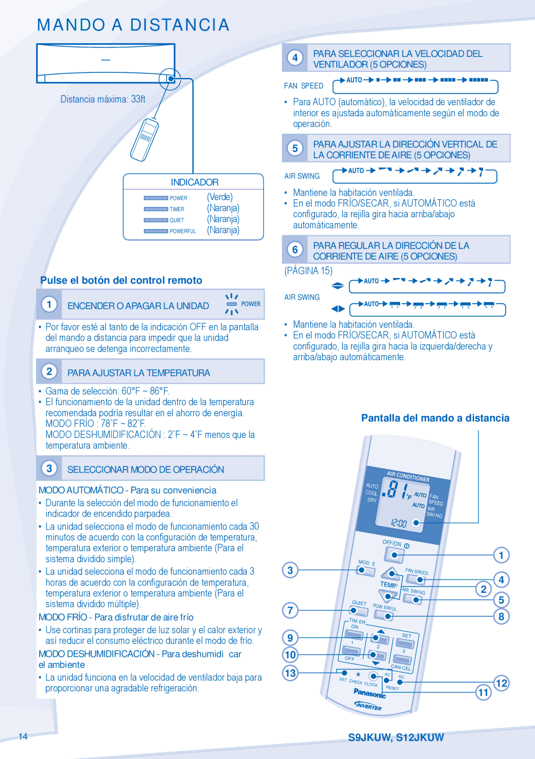 Panasonic CU-S12JKU, CS-S12JKUW, CS-S18JKU, CS-S9JKUW, CSS-22JKU, CU-S9JKU, CU-S18JKU, CU-S22JKU manual Mando a Distancia 