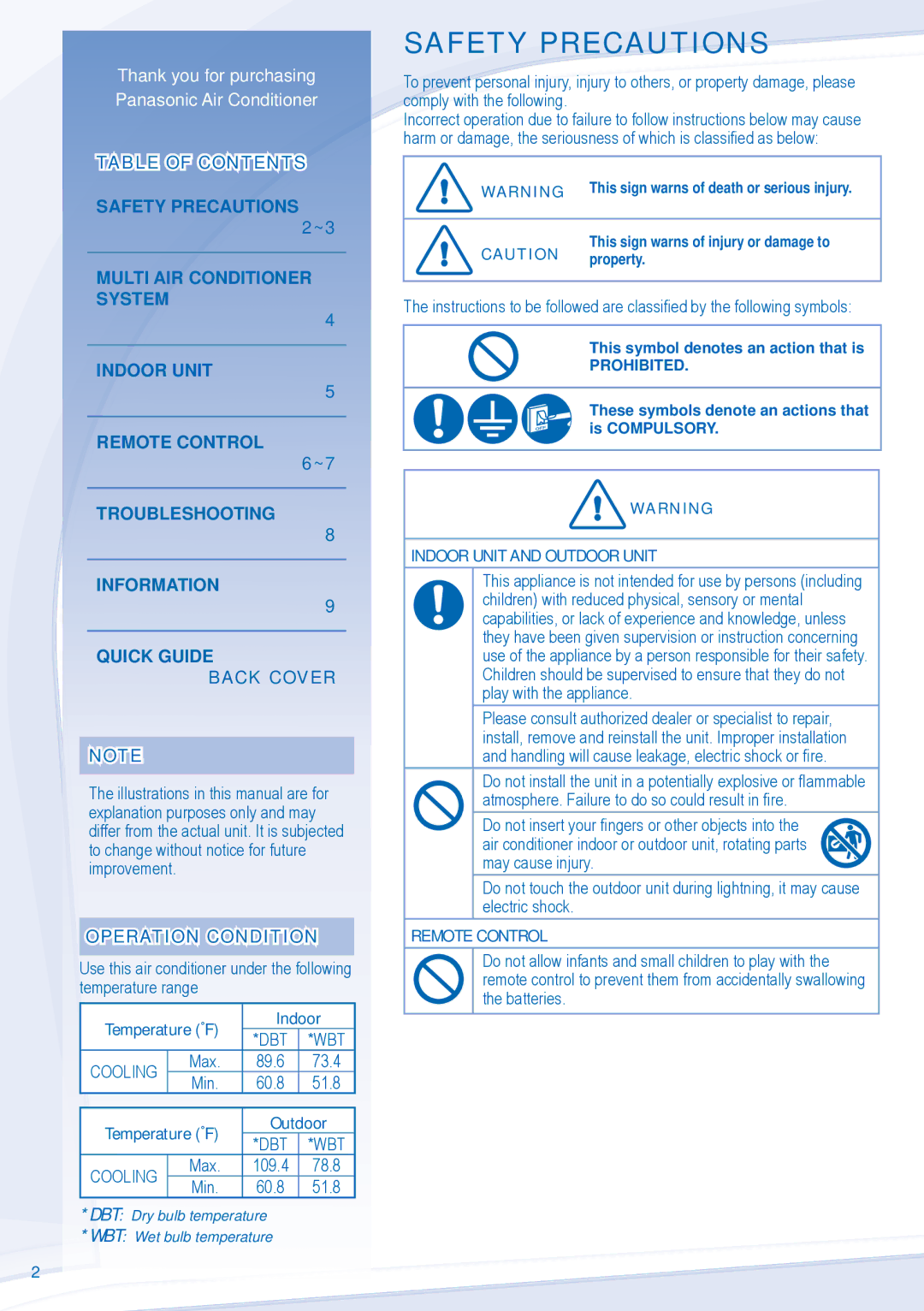 Panasonic CS-S9JKUW, CS-S12JKUW Safety Precautions, Operation Condition, Temperature ˚F Indoor, Temperature ˚F Outdoor 