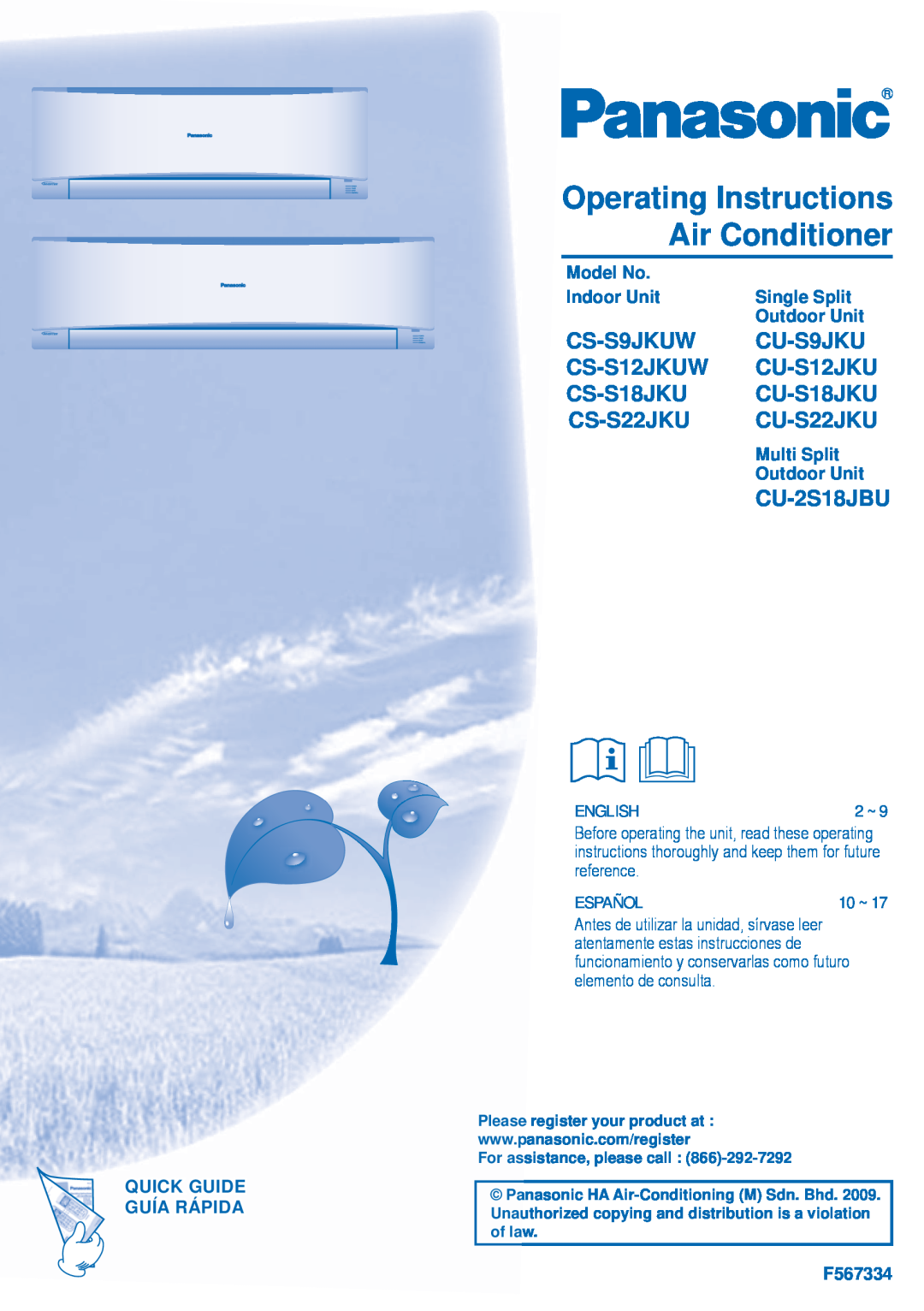 Panasonic CS-S18JKU manual Operating Instructions Air Conditioner, CS-S9JKUW CU-S9JKU CS-S12JKUW CU-S12JKU, CU-2S18JBU 