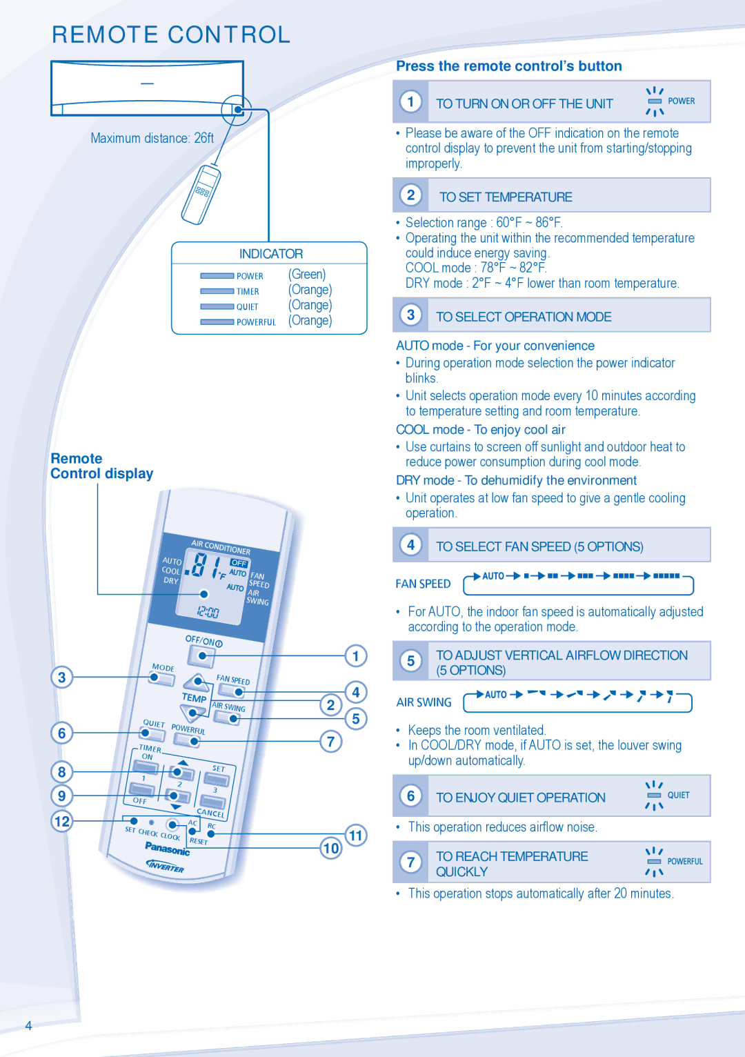 Panasonic CS-S12NKUA, CS-S9NKUA, CU-S12NKUA, CU-S9NKUA manual Remote Control 