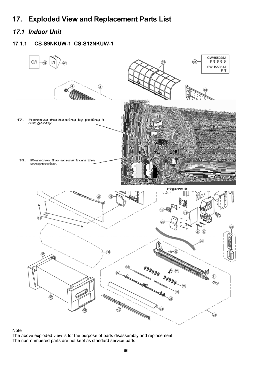 Panasonic CS-S18NKU-1, CS-S12NKUW-1, CS-S22NKU-1, CS-S9NKUW-1 Exploded View and Replacement Parts List, Indoor Unit 