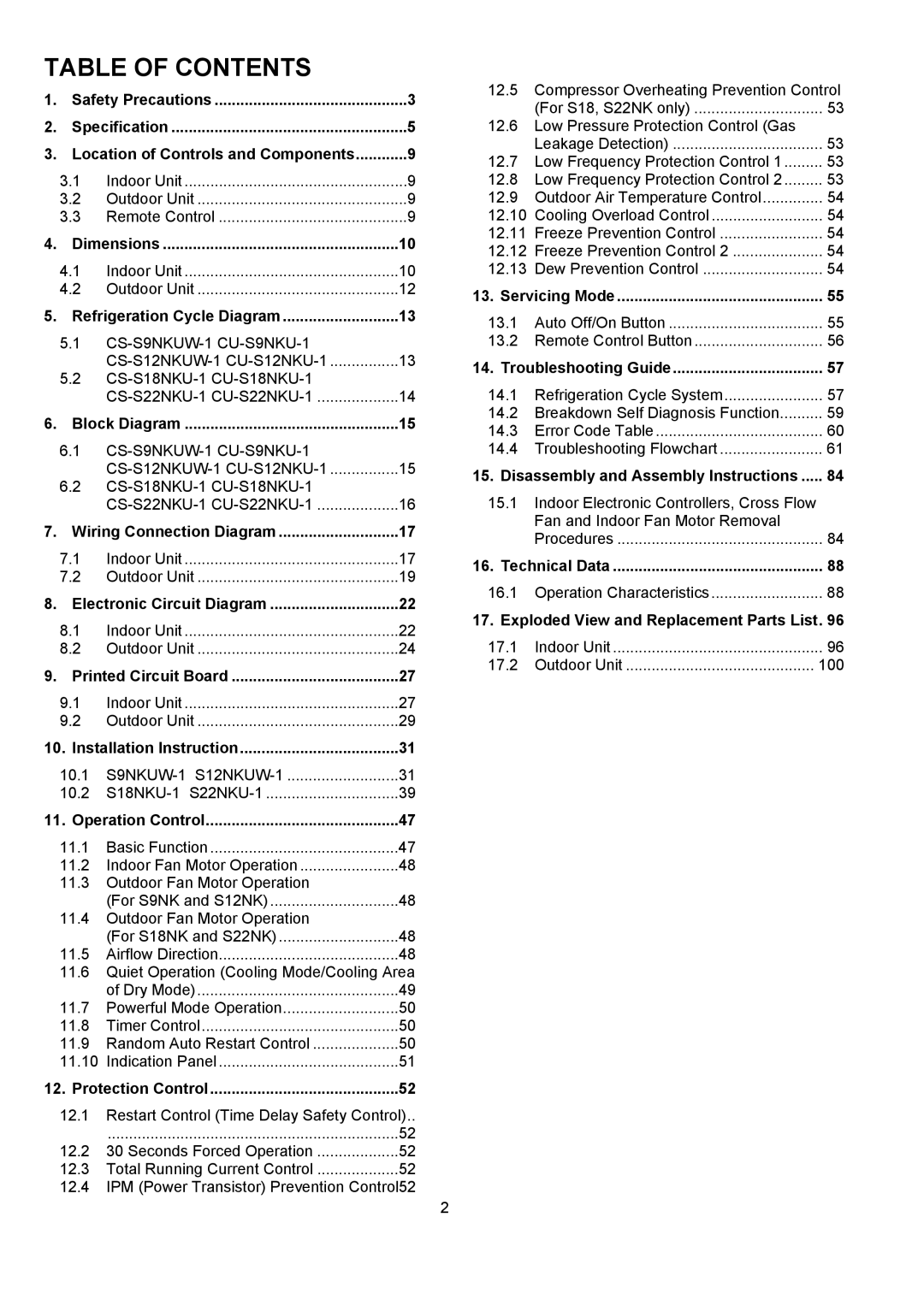 Panasonic CS-S22NKU-1, CS-S18NKU-1, CS-S12NKUW-1, CS-S9NKUW-1, CU-S9NKU-1, CU-S12NKU-1, CU-S22NKU-1 Table of Contents 