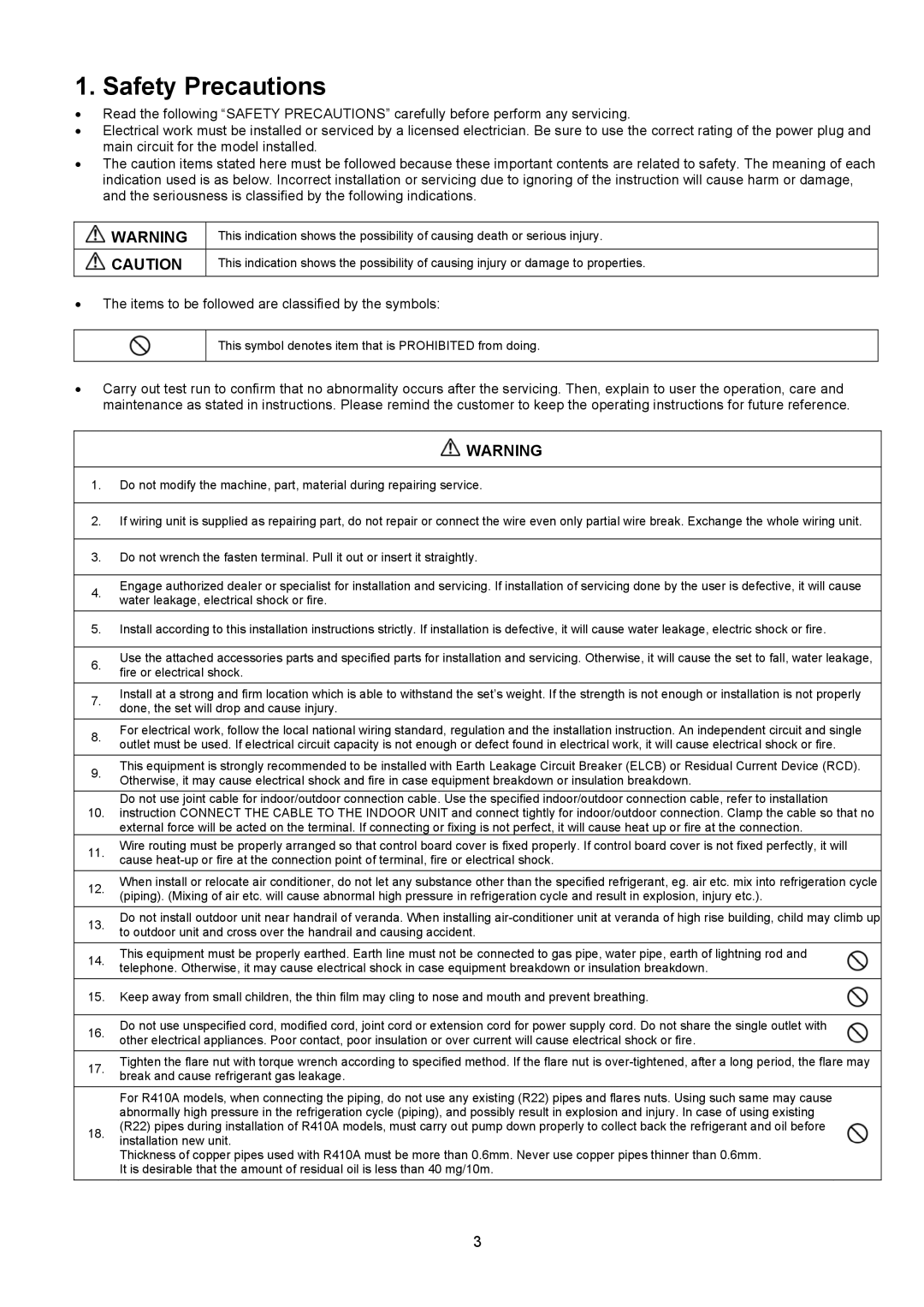 Panasonic CS-S9NKUW-1, CS-S18NKU-1, CS-S12NKUW-1 Safety Precautions, Items to be followed are classified by the symbols 