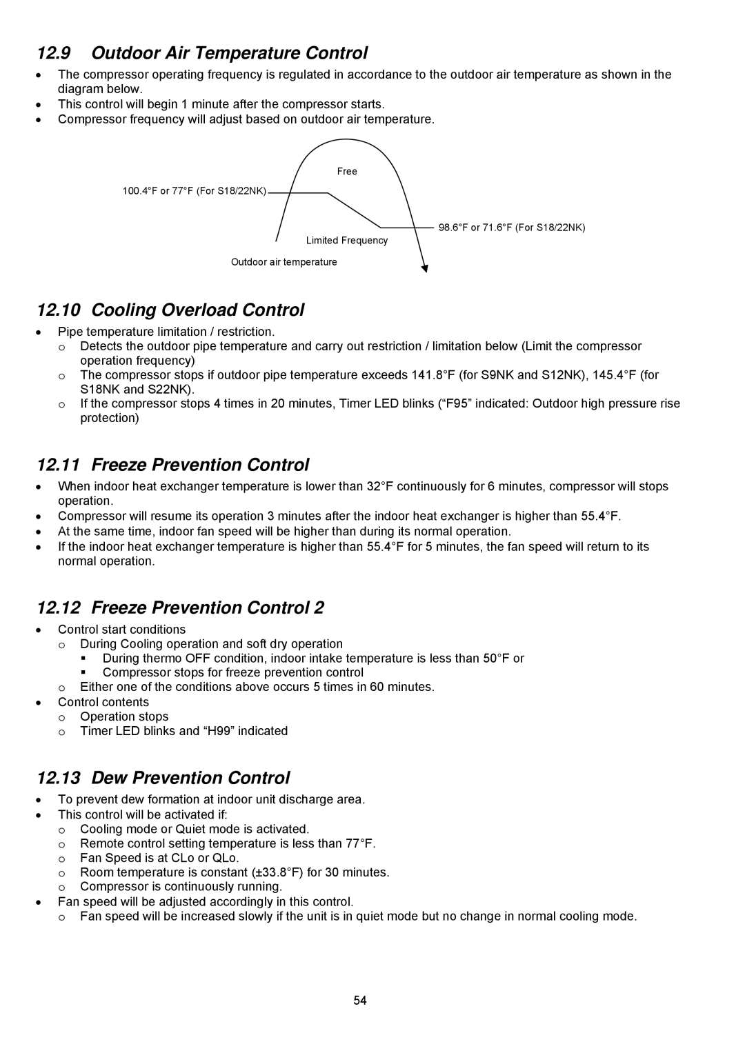 Panasonic CU-S22NKU-1, CS-S18NKU-1 Outdoor Air Temperature Control, Cooling Overload Control, Freeze Prevention Control 